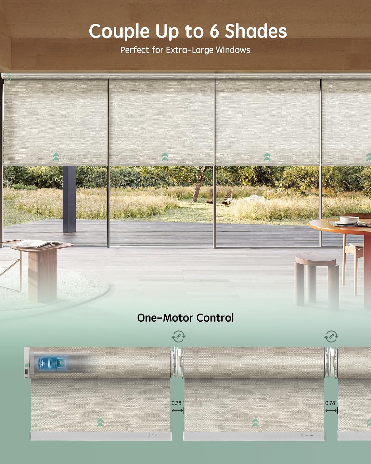 Yoolax Smart Coupled Roller Shades Compatible with Alexa Google, Motorized Blinds with Remote Light Filtering XL Coupled Roller Shades for X-Large Windows, Customized (Soft Jacquard Coffee)