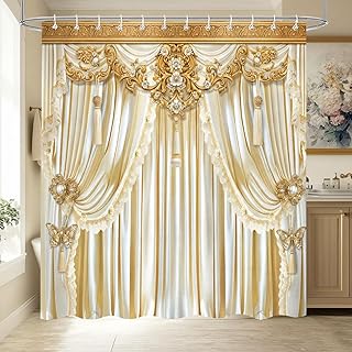 Luxury White Gold European Shower Curtain, Vintage Elegant Fancy Champag...