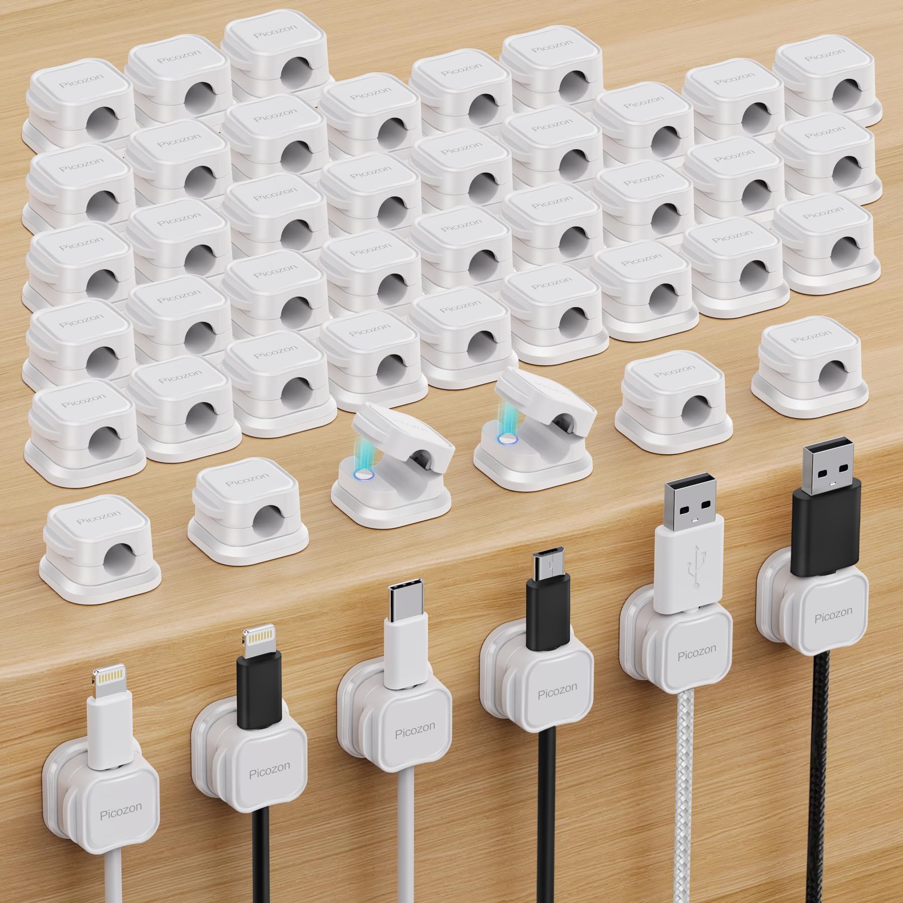 Picozon - Organizador de cables magnético (48 unidades), adhesivo, para teléfono, cargador USB, oficina, hogar, escritorio, mesa, color blanco