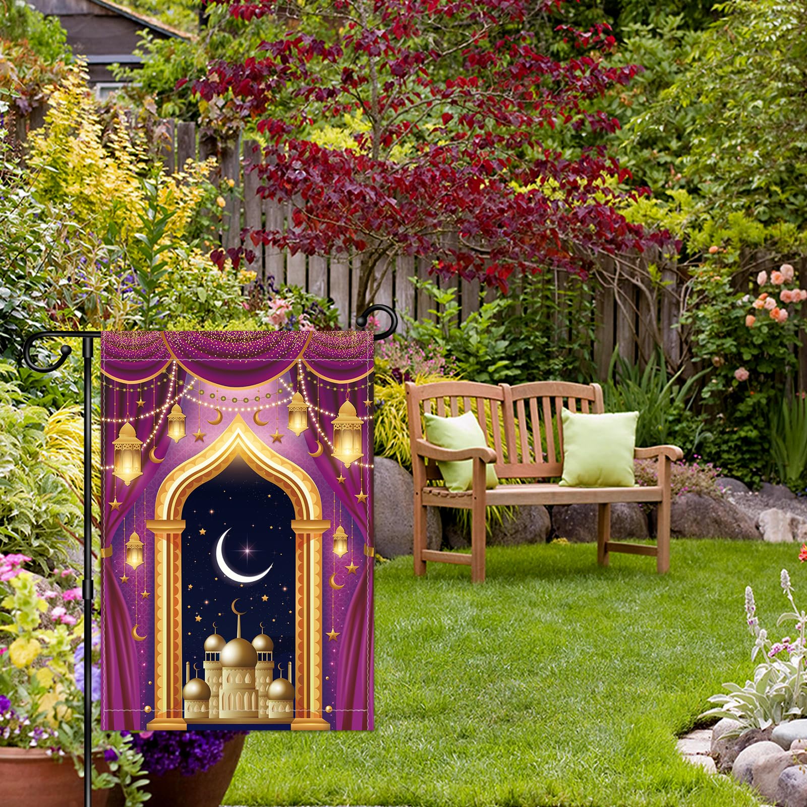 Ramadan Mubarak Gartenflagge – 30,5x45,7 Cm, Doppelseitig, Mit Moschee & Mond, Aus Jute, Für Draußen