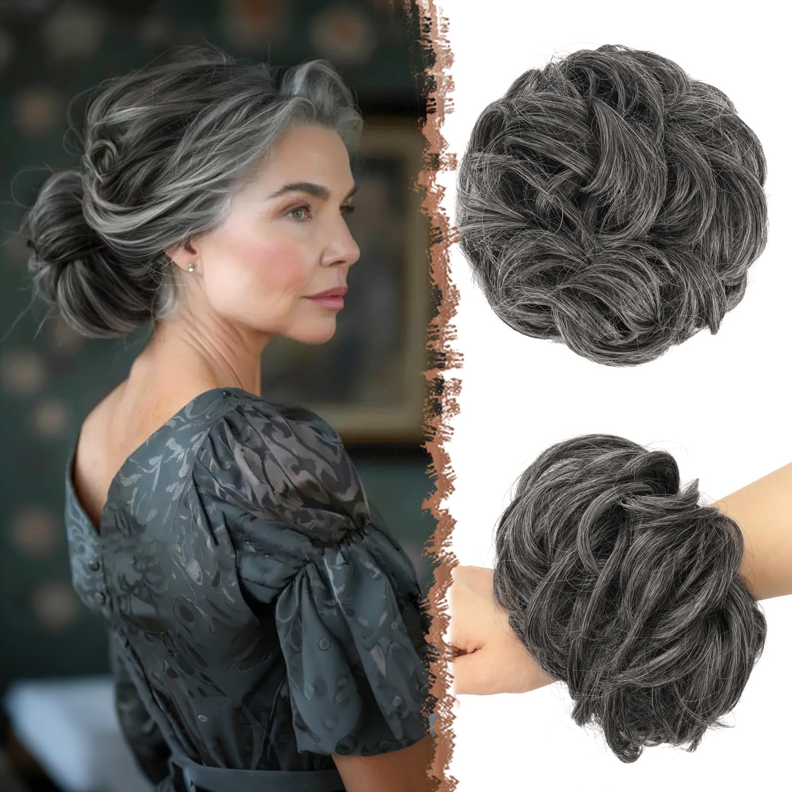 FESHFEN Messy Bun Hair Pieces - Large Wavy Curly Elastic Hair Bun Scrunchies Ponytail Extensions Synthetic Chignon Hairpieces for Women, Dark Salt and Pepper 1.94oz