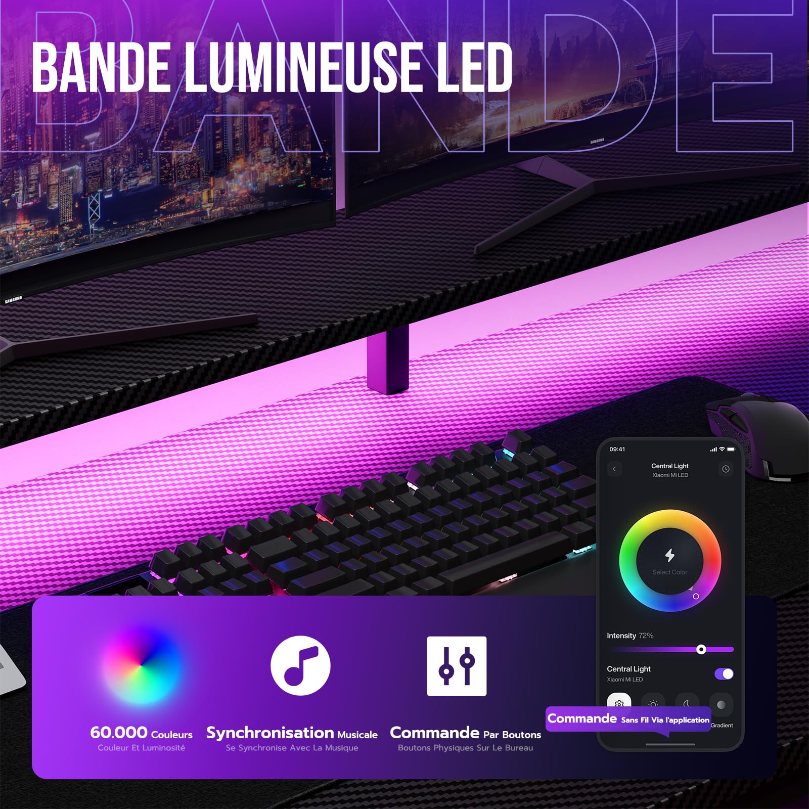 YOUDENOVA Table de Jeu avec éclairage LED et Prise, 150 x 50 cm, Bureau d'ordinateur avec tiroirs, Fibre de Carbone, Noir