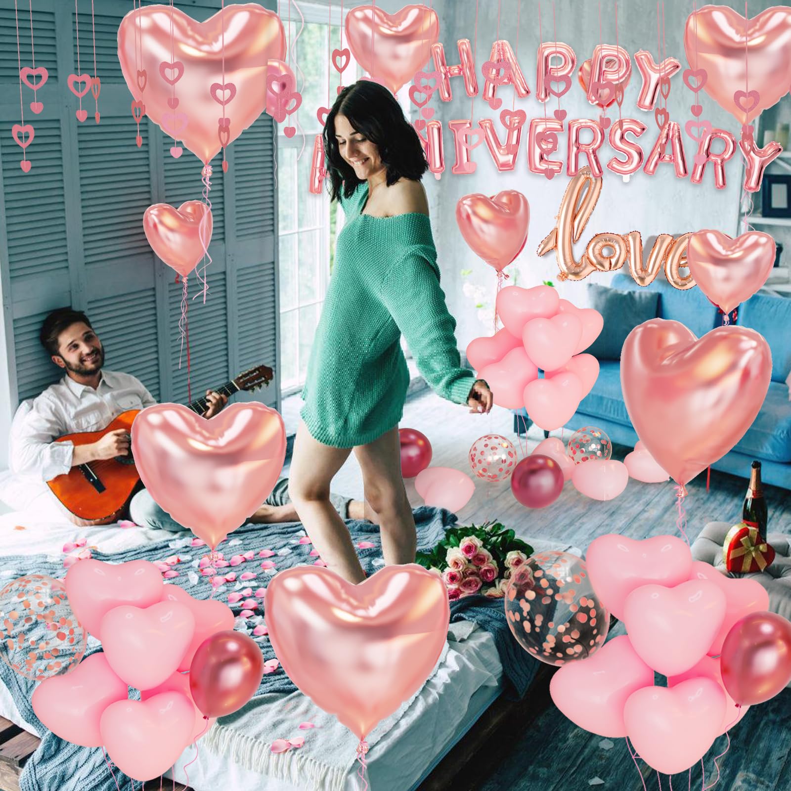 Anniversary Decorations Pink,Valentines Day Decorations,Happy Anniversary Banner Pink Heart Balloons Hanging String Rose Petals - Image 2