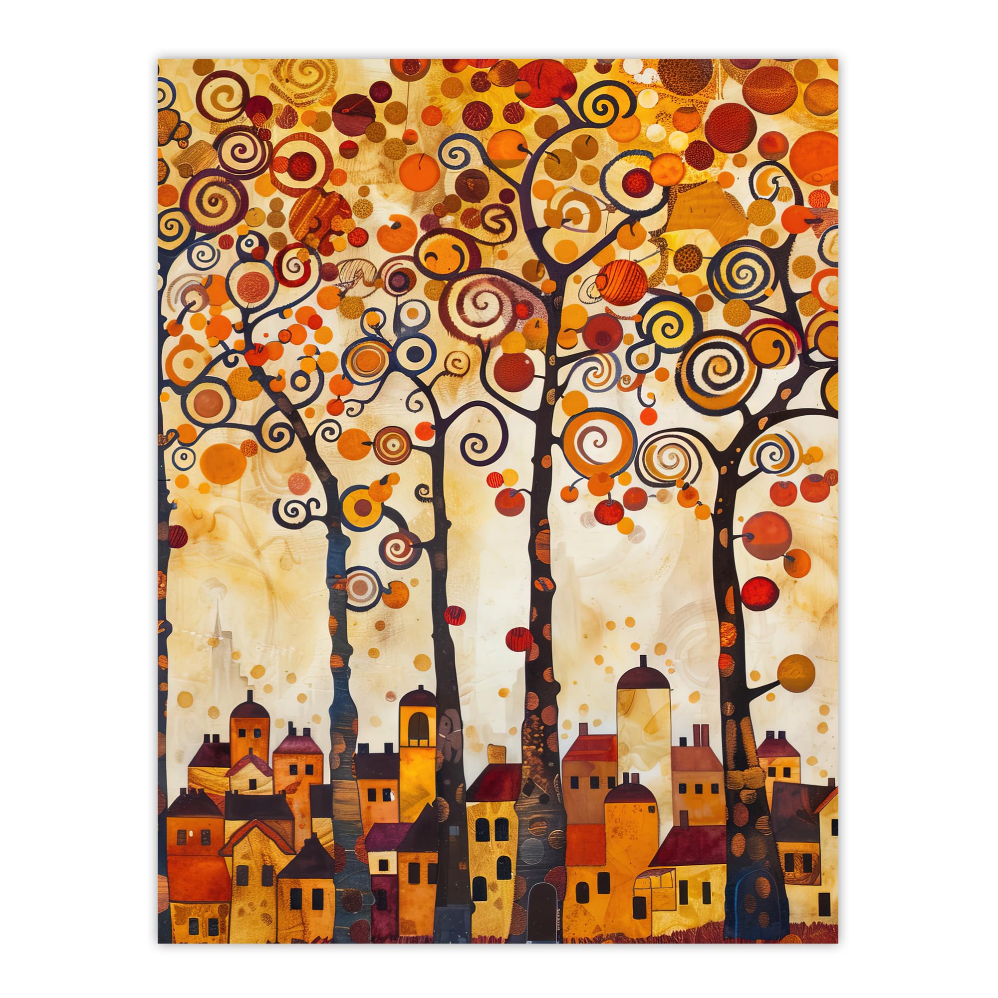 Artery8 Tangerine Trees Town Painting Autumnal Colours Living Room Extra Large XL Wall Art Poster Print