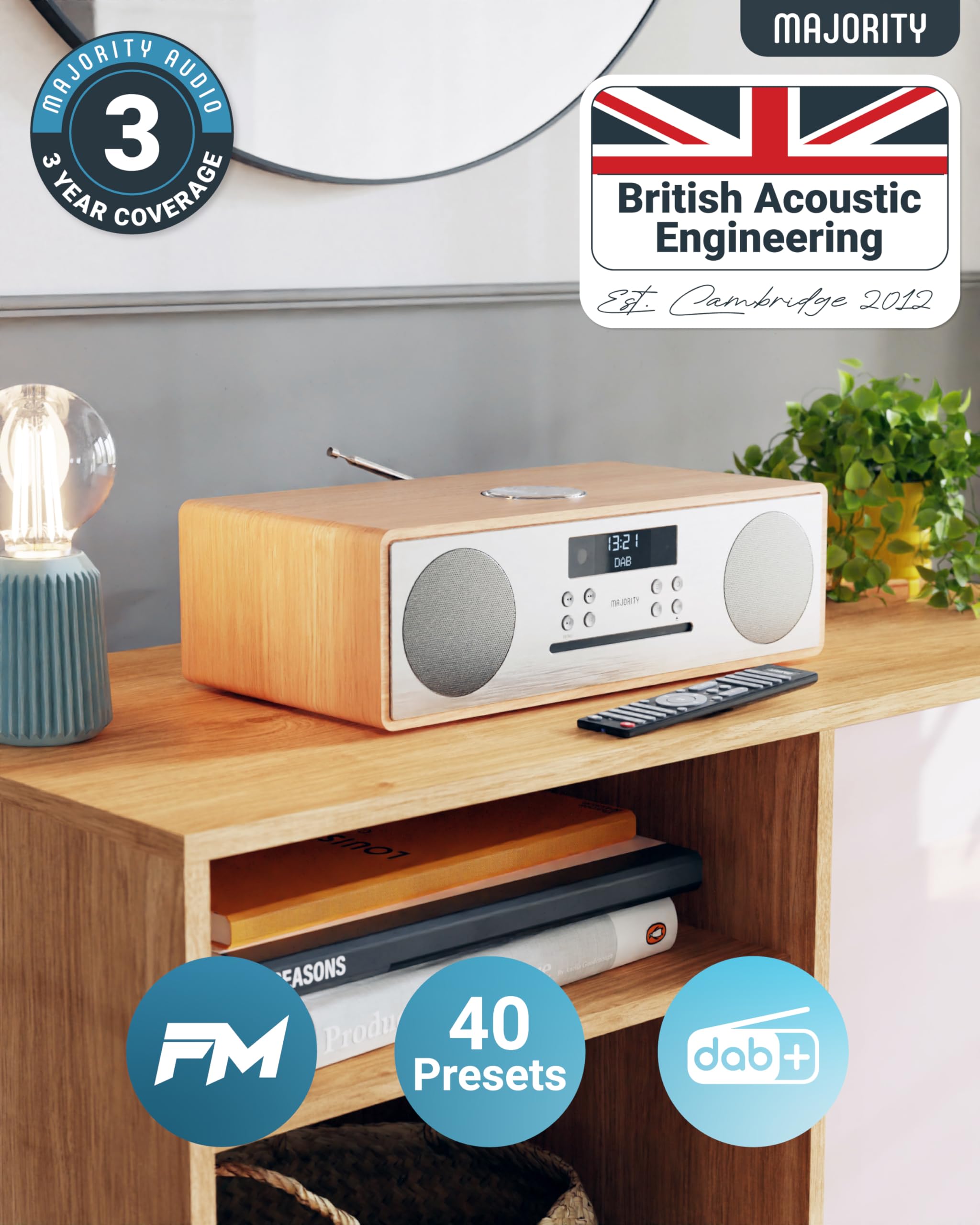 Majority Oakington DAB/DAB+ Radio FM numérique sans fil compacte avec Bluetooth, lecteur CD, système de haut-parleurs stéréo Hi-Fi, télécommande, chargement USB et lecteur MP3