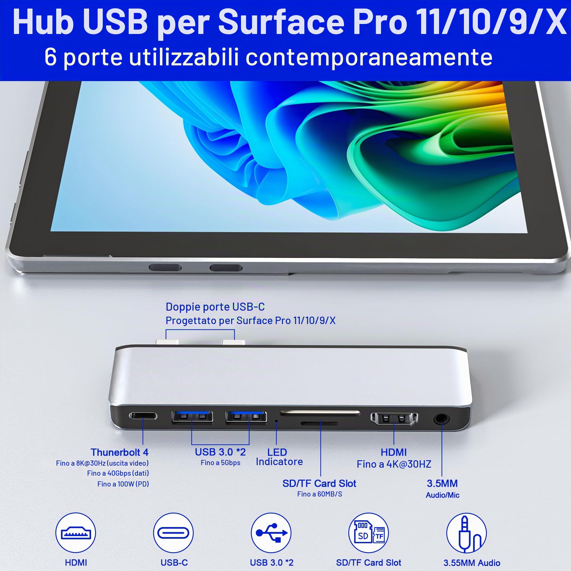 Surface Pro 11/10/9/X Hub Docking Station, adattatore hub per Surface Pro 11 con HDMI 4K, USB-C Thunderbolt 4 (video 8K+dati+PD 100W), 2 USB 3.0, audio da 3,5 mm, SD/TF, Surface Pro 11 Dock