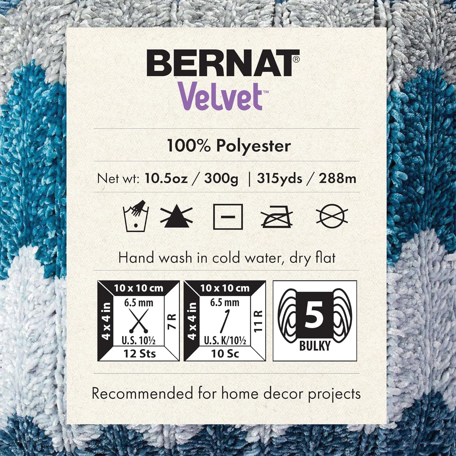 Bernat Velvet Yarn label showing knitting and crochet gauges, and care instructions.