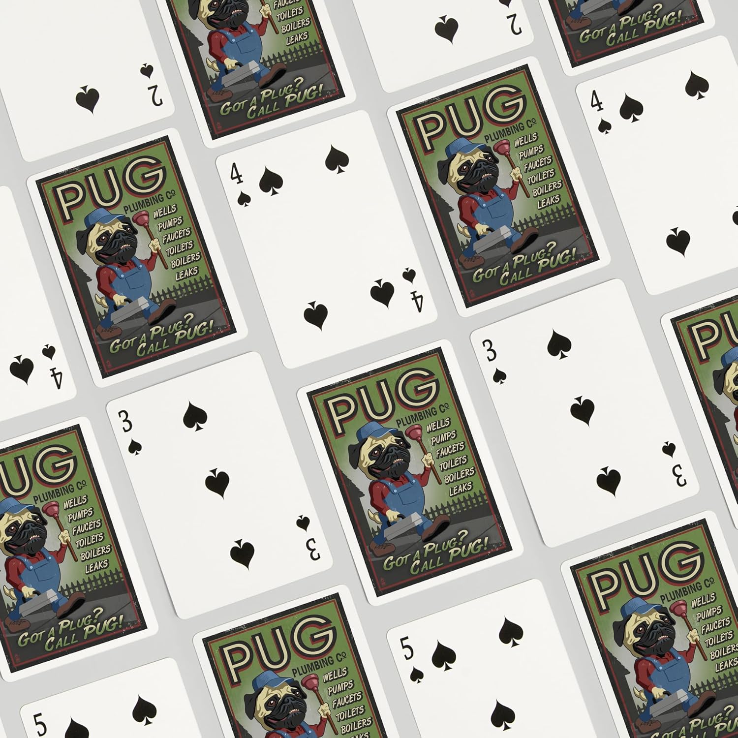 Lantern Press Pug, Retro Plumbing Ad, 52 Playing Cards for Adults, Poker Size Card Deck