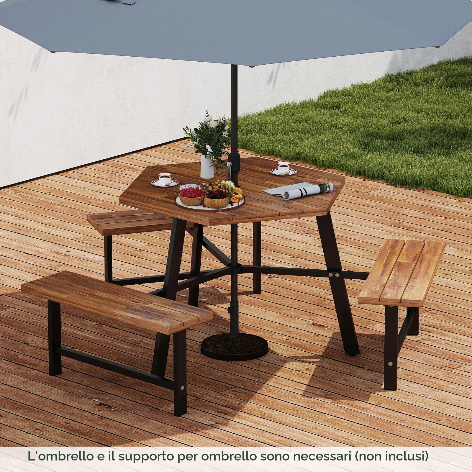 GIANTEX Tavolo da Picnic per 6 Persone, Tavolo da Giardino in Legno di Acacia con Foro per Ombrellone e 3 Panche Integrate, Set da Pranzo Resistente alle Intemperie per Terrazza, Cortile, Giardino