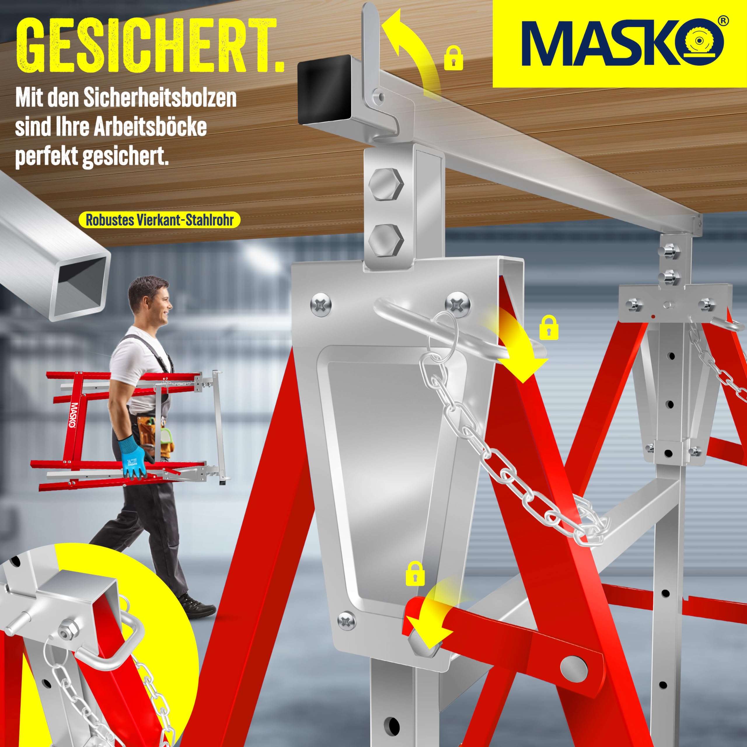 MASKO® Teleskop-Arbeitsbock Untergestell 2-er Set | Klappbock max. Belastbarkeit 200 kg | Unterstellbock höhenverstellbar Min. / max. Arbeitshöhe 800-1300 mm | Gerüstbock inkl. Handschuhe | Rot