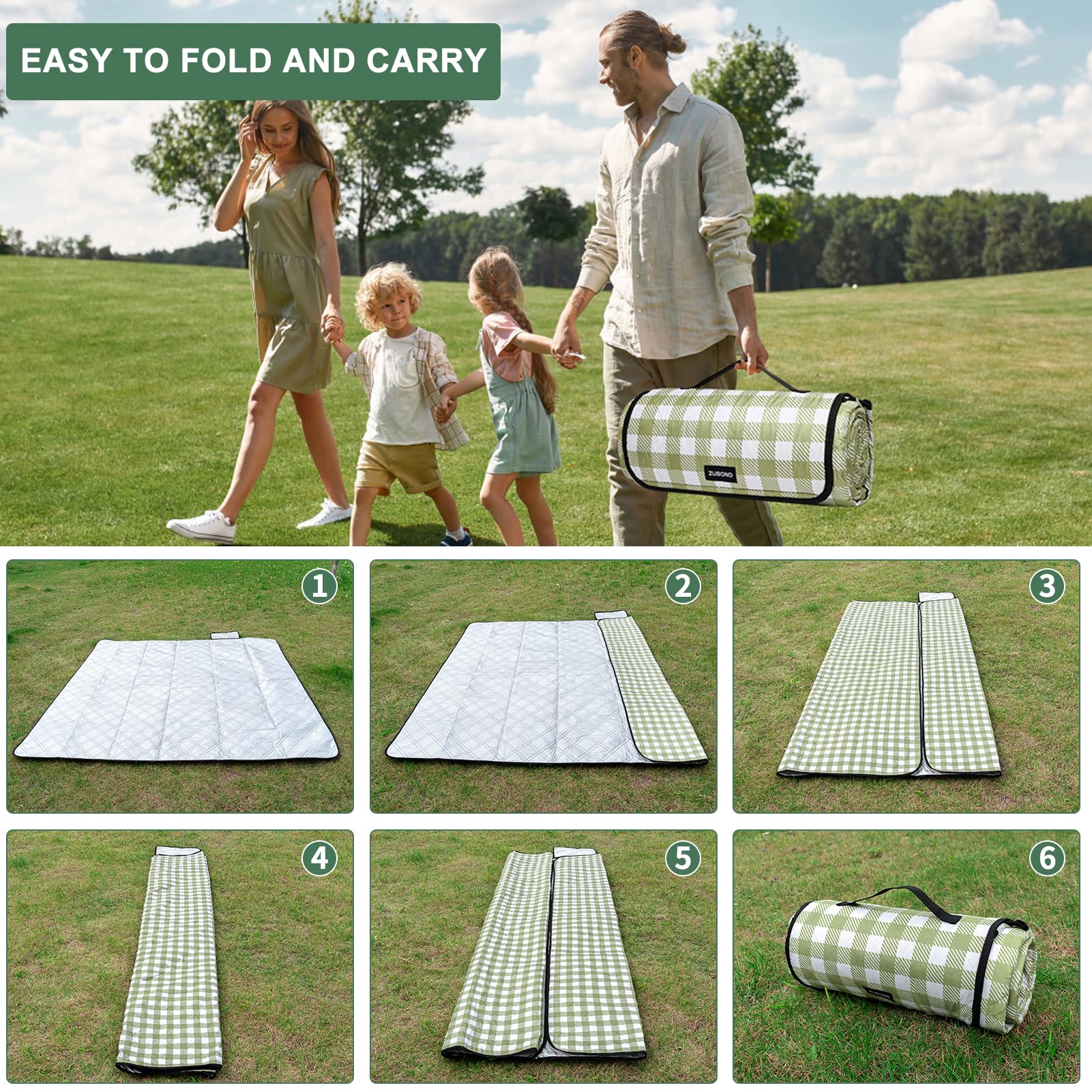 ZUBOND Koc piknikowy, wodoodporny, odporny na piasek, składany i można prać w pralce, 203 x 250 cm, bardzo duży koc plażowy, prosty, stylowy koc w kratkę, na zewnątrz, trawnik, park, na rodzinny