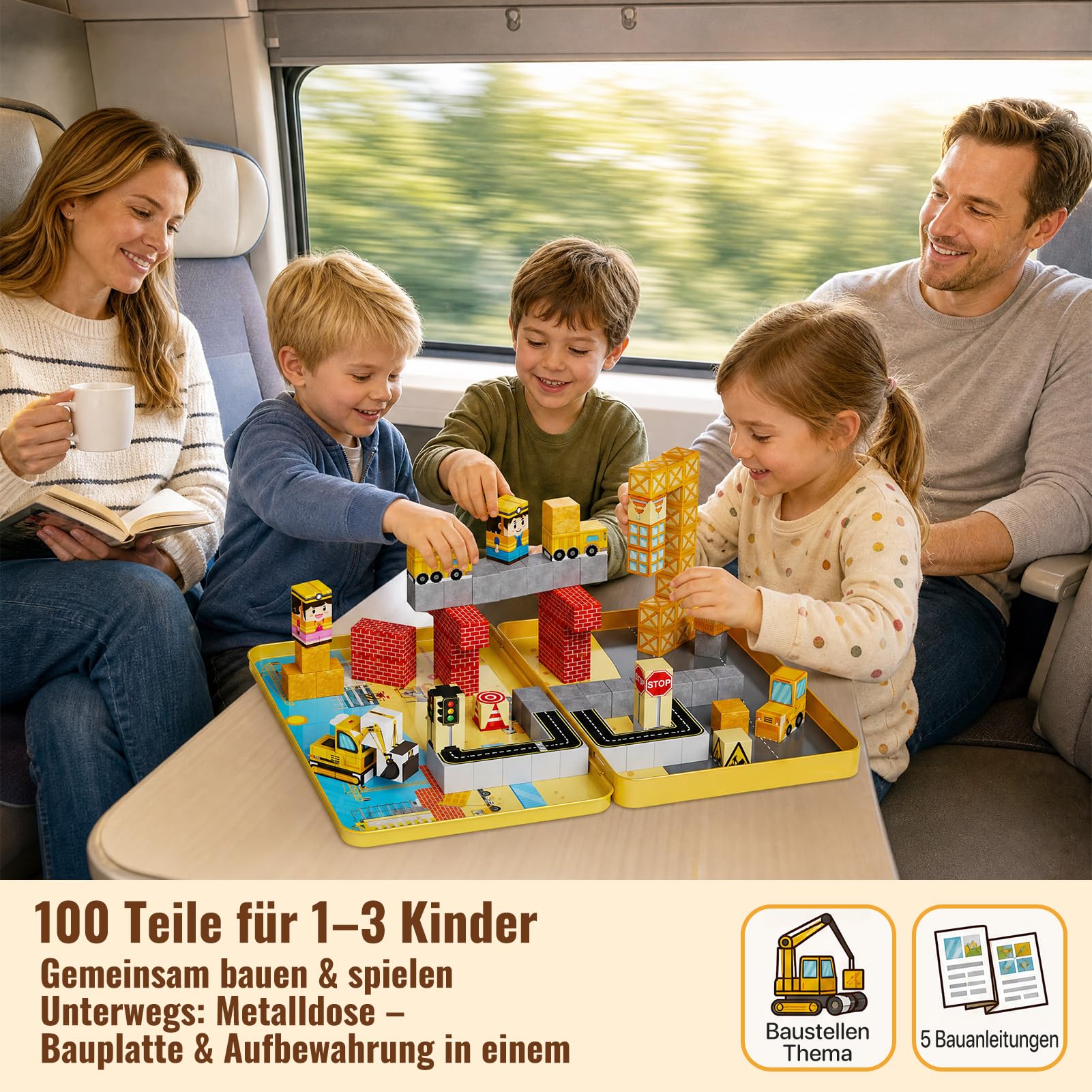 Magnetische Bausteine Reiseset Baustelle: 100 Teile für Jungen | Baustellen-Magnetwürfel mit Metalldose als Bauplatte für 1-3 Kinder – 1h ruhig & streitenfrei für Auto/Flug/Restaurant
