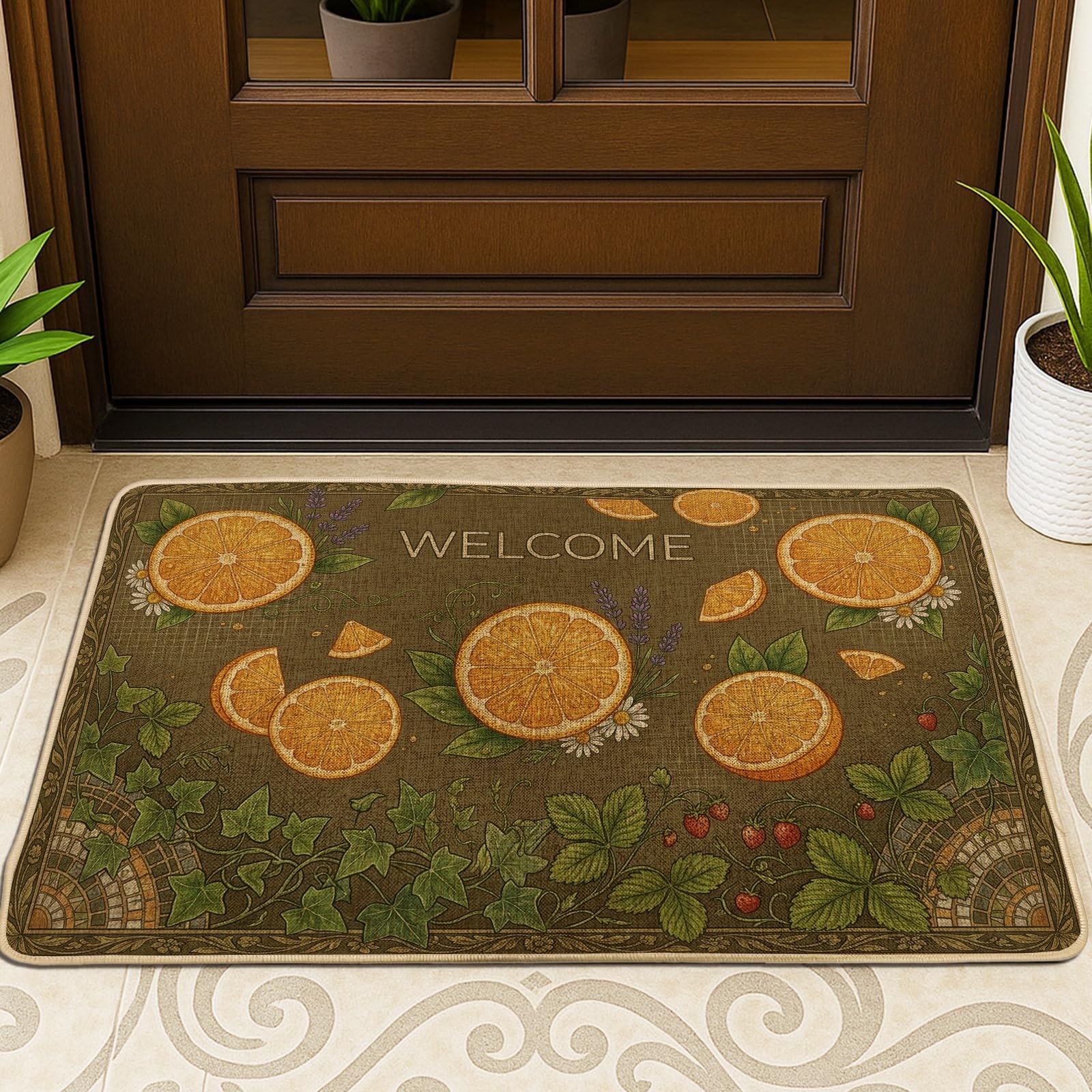 Paillasson orange et vert lavable 74x43 cm pour une entrée accueillante