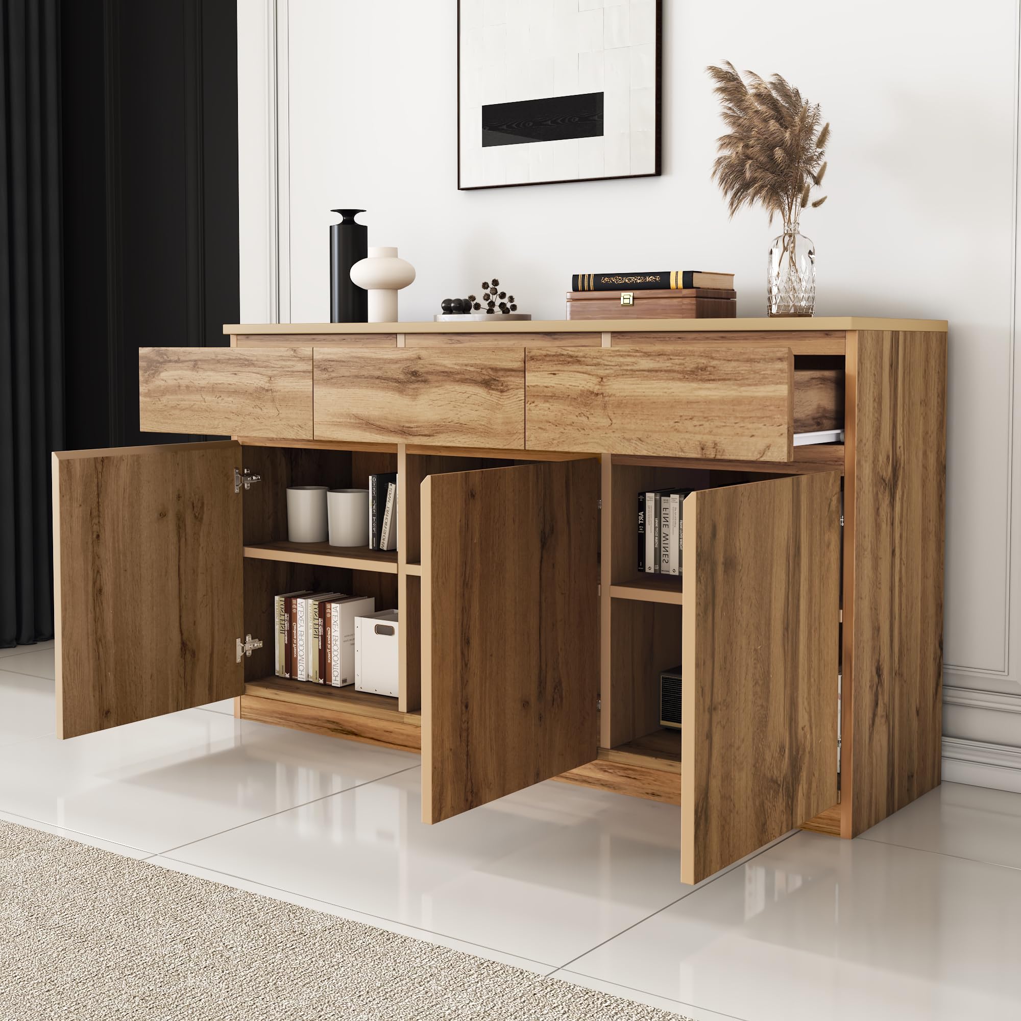 Mueble multifuncional, 135 x 40 x 81 cm, mueble decorativo de madera original, con 3 puertas y 3 cajones, aparador de cocina, cajonera, mueble recibidor
