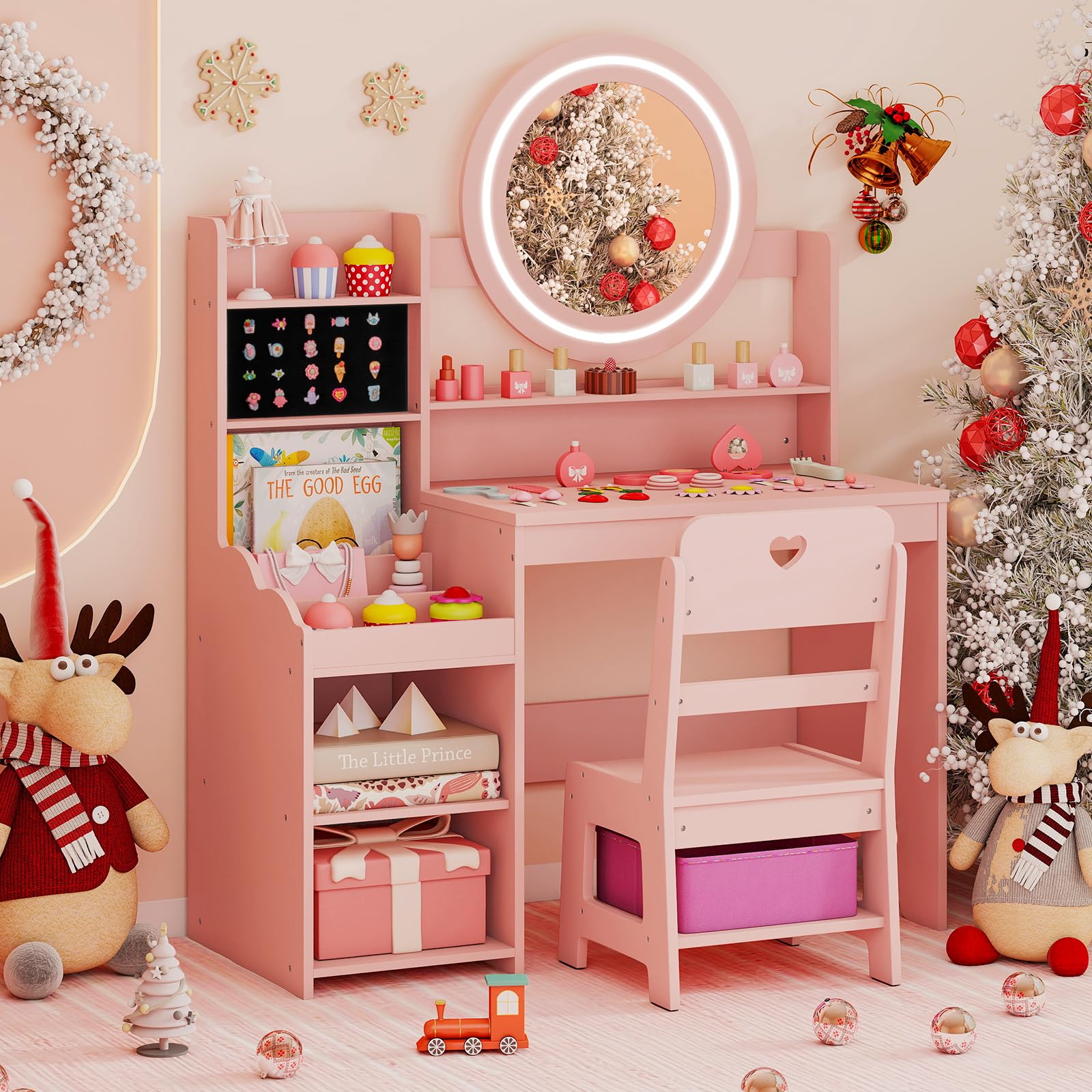 Costzon Kids Vanity, Girls Vanity Set with Mirror and Lights, Jewelry Storage, Shelves, Princess Toddler Makeup Vanity Desk Dressing Table, Wooden Kids Vanity Table and Chair Set (Pink)