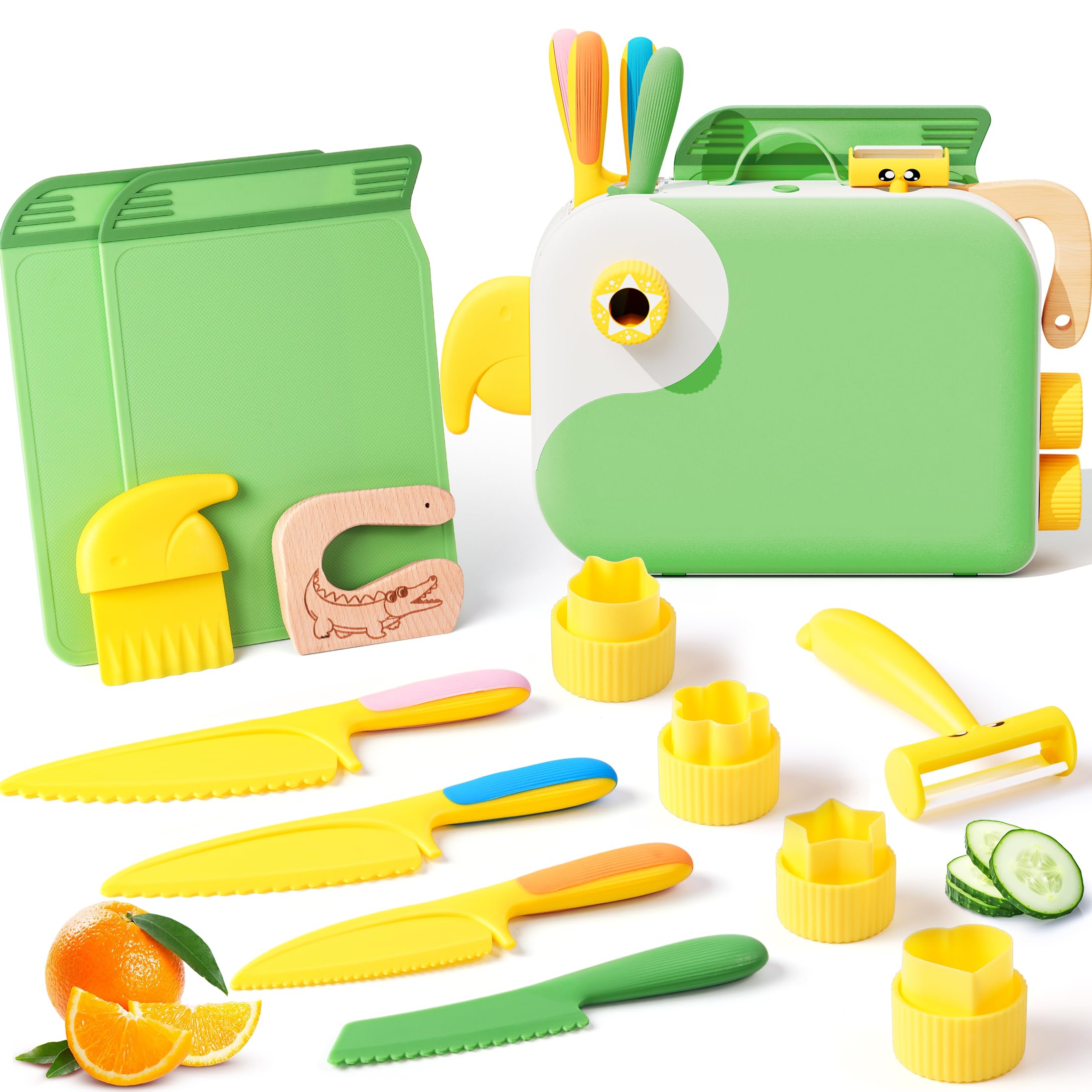 Kindermesser set - Kinder Sicherheit Küchenmesser für Echtes Kochen mit Aufbewahrungsbox, Gemüse Ausstechformen, Holzmesser, Schneidebrett etc. | Messer ab 2, Montessori Messer, Kinder kochset