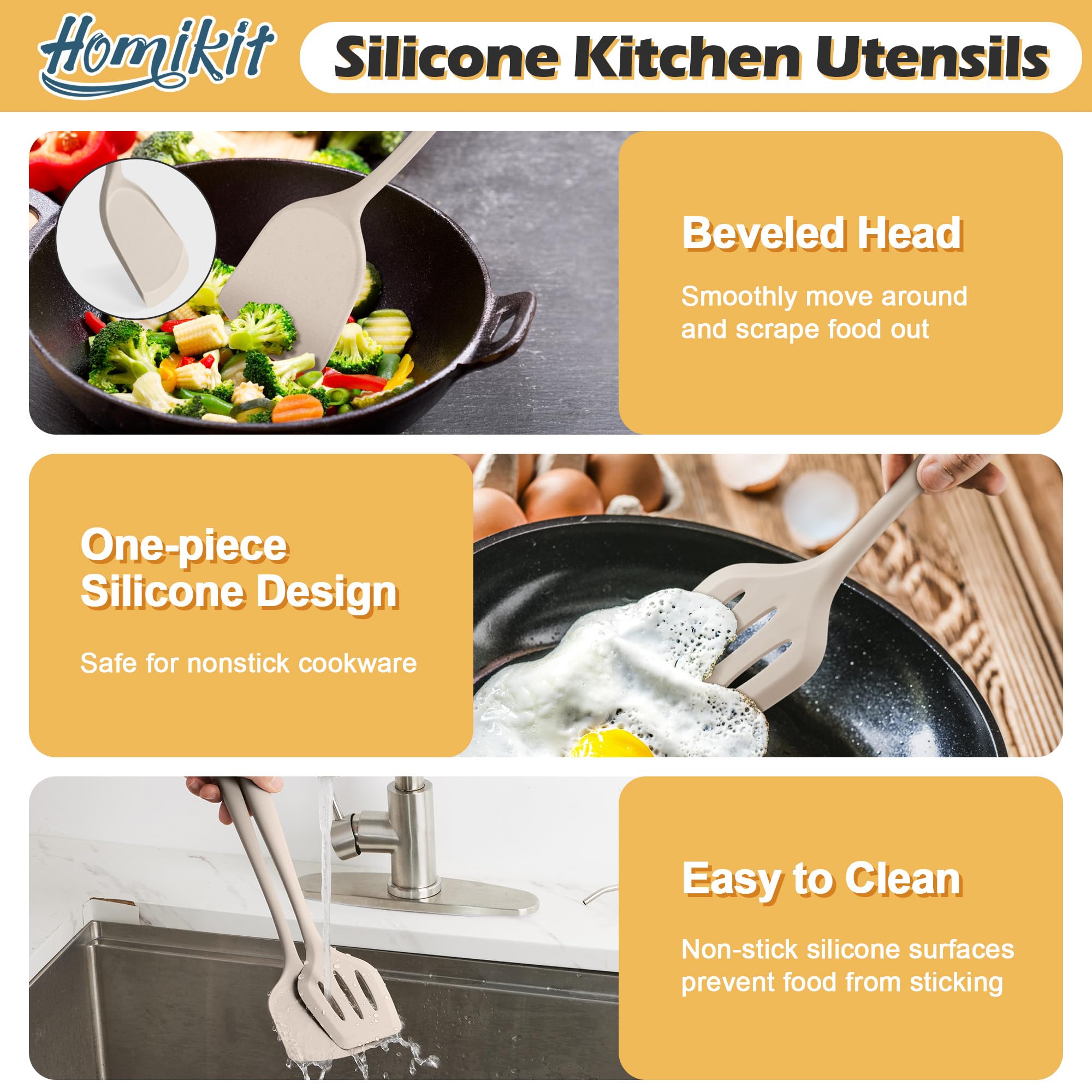 Homikit Küchenutensilien-Set mit Halter, hitzebeständig, lebensmittelechtes Silikon, inklusive Schlitzspatel, Schöpflöffel, Pfannenwender für antihaftbeschichtetes Kochgeschirr, spülmaschinenfest