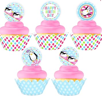 Penguin Birthday Cupcake Toppers and Cupcake Wrappers - 24 Cupcake Toppers and 24 Cupcake Wrappers - Penguin Birthday Party Supplies - Penguin Birthday Decorations - Pink