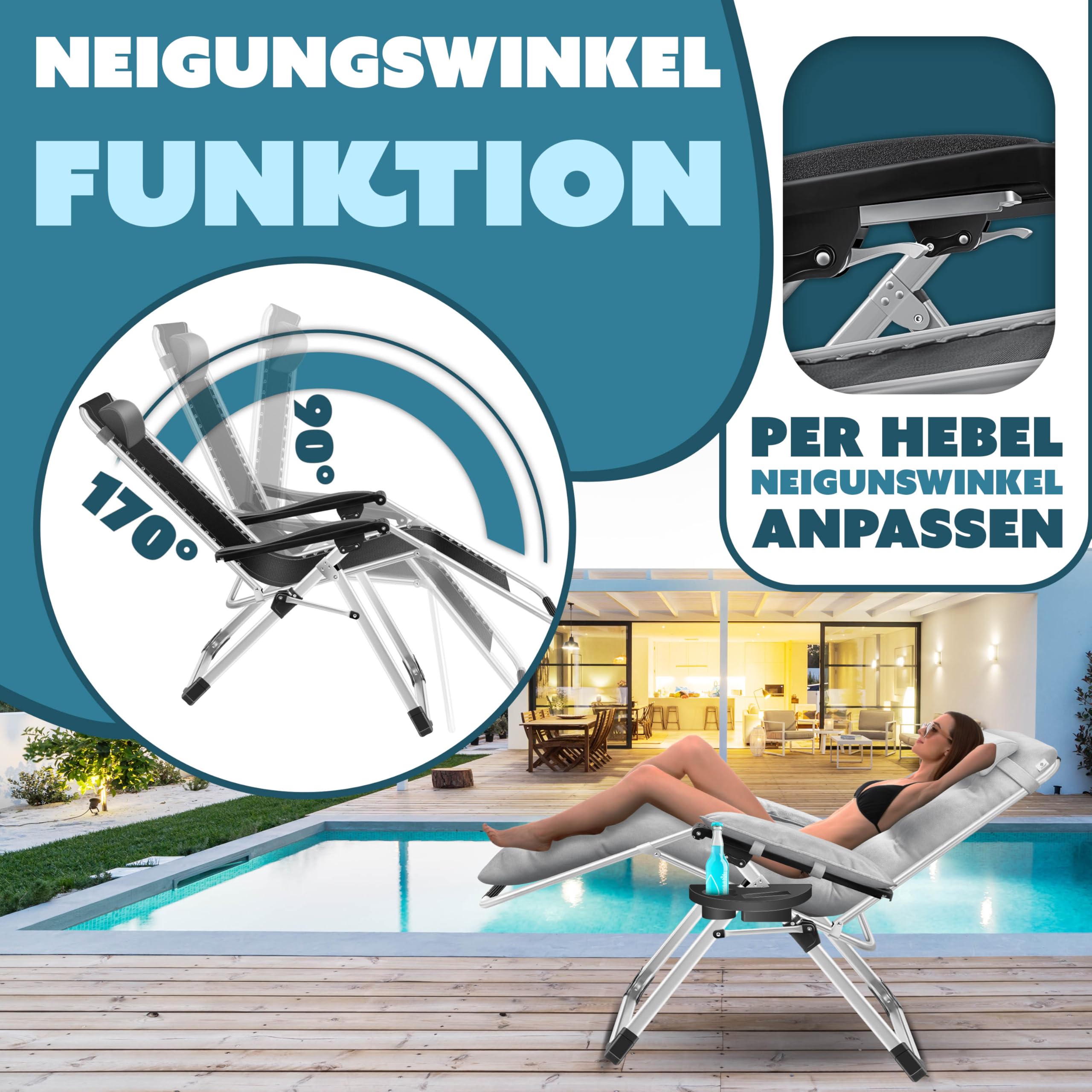 KESSER® Chaise longue pliable XXL, résistante aux intempéries, capacité de charge 200 kg, revêtement ergonomique, dossier réglable, coussin cervical, porte-gobelet et coussin pour bras, Basic - Gris