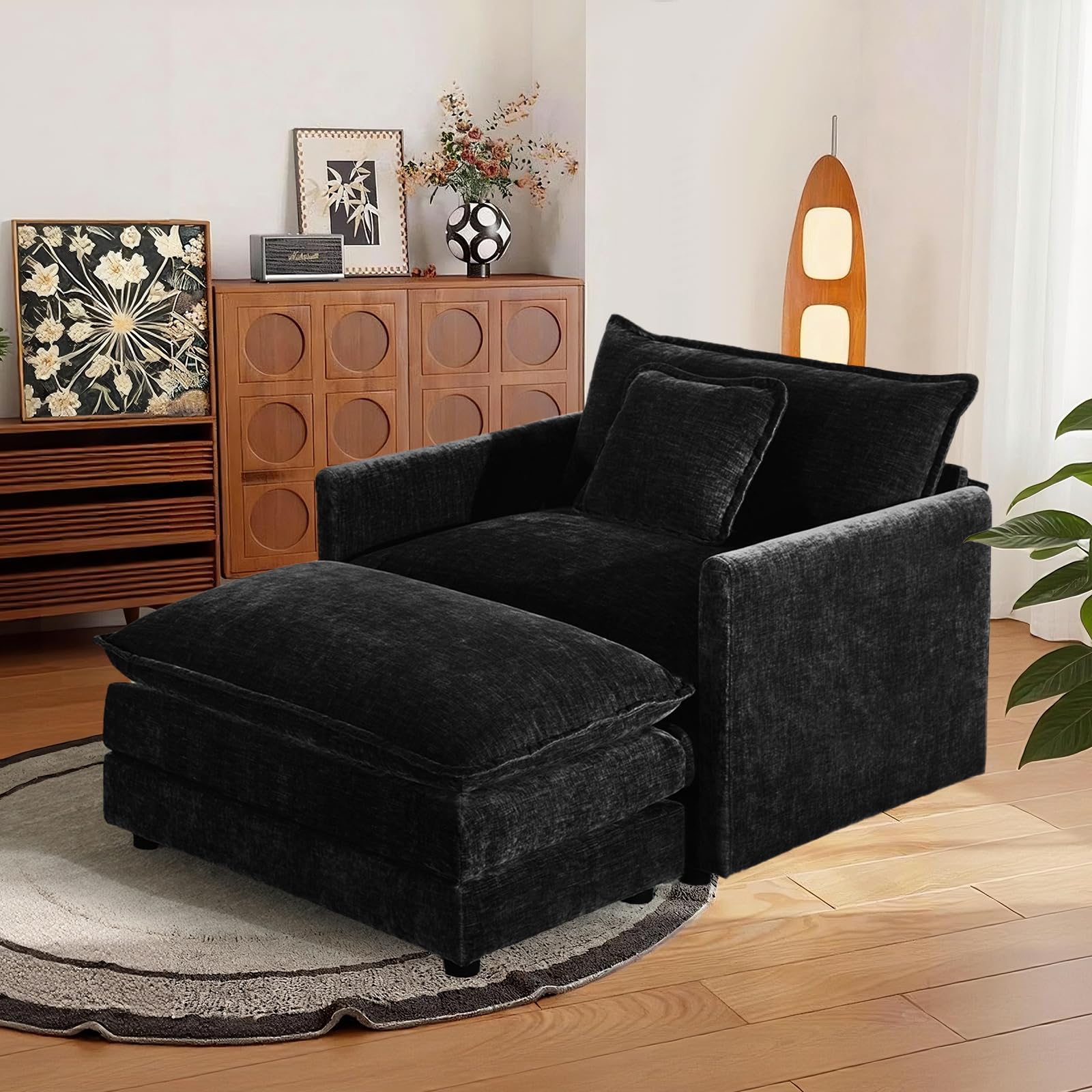 SoarFlash Chenille Sectional Sofa, Comfy Modular Single Sofa with Ottoman, Modern Recliner Deep Seat Sofa Set for Living Room,Black