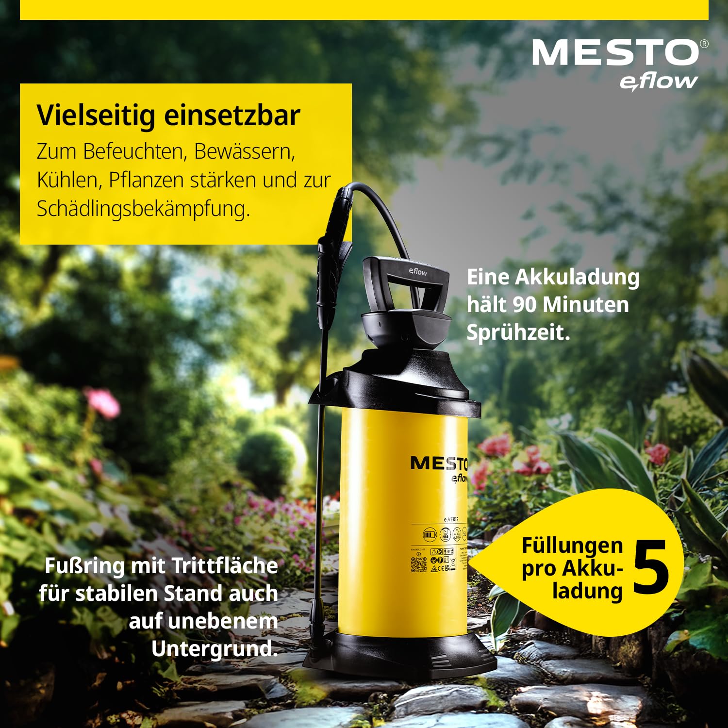 Mesto e.flow e.Veris Akku-Drucksprühgerät 5L | Akku Drucksprüher 2,2 bar | Akku Sprühgerät | Pumsprühflasche für Haus & Garten | Drucksprüher elektrisch | Pflanzensprüher | Gartenspritze & Unkrautspri