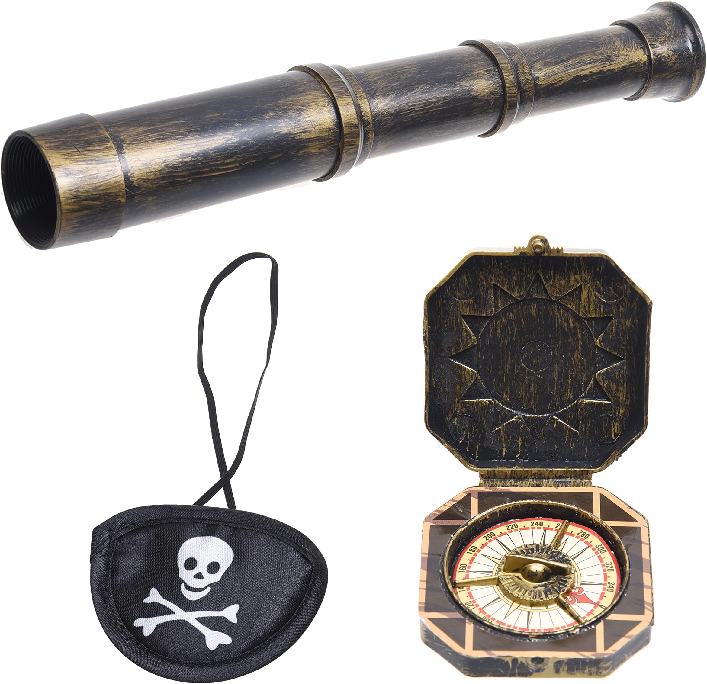 Cosplay Telescope and Compass Prop with Pirate Themed Eye Patch - Antique Retro Party Supply Accessory Decor - Vintage Treasure Spyglass Sundial Ship Captain Eye Patch for Themed Events Stage Plays