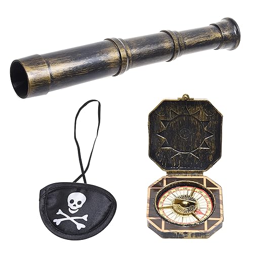 Cosplay Telescope and Compass Prop with Pirate Themed Eye Patch - Antique Retro Party Supply Accessory Decor - Vintage Treasure Spyglass Sundial Ship Captain Eye Patch for Themed Events Stage Plays - Black