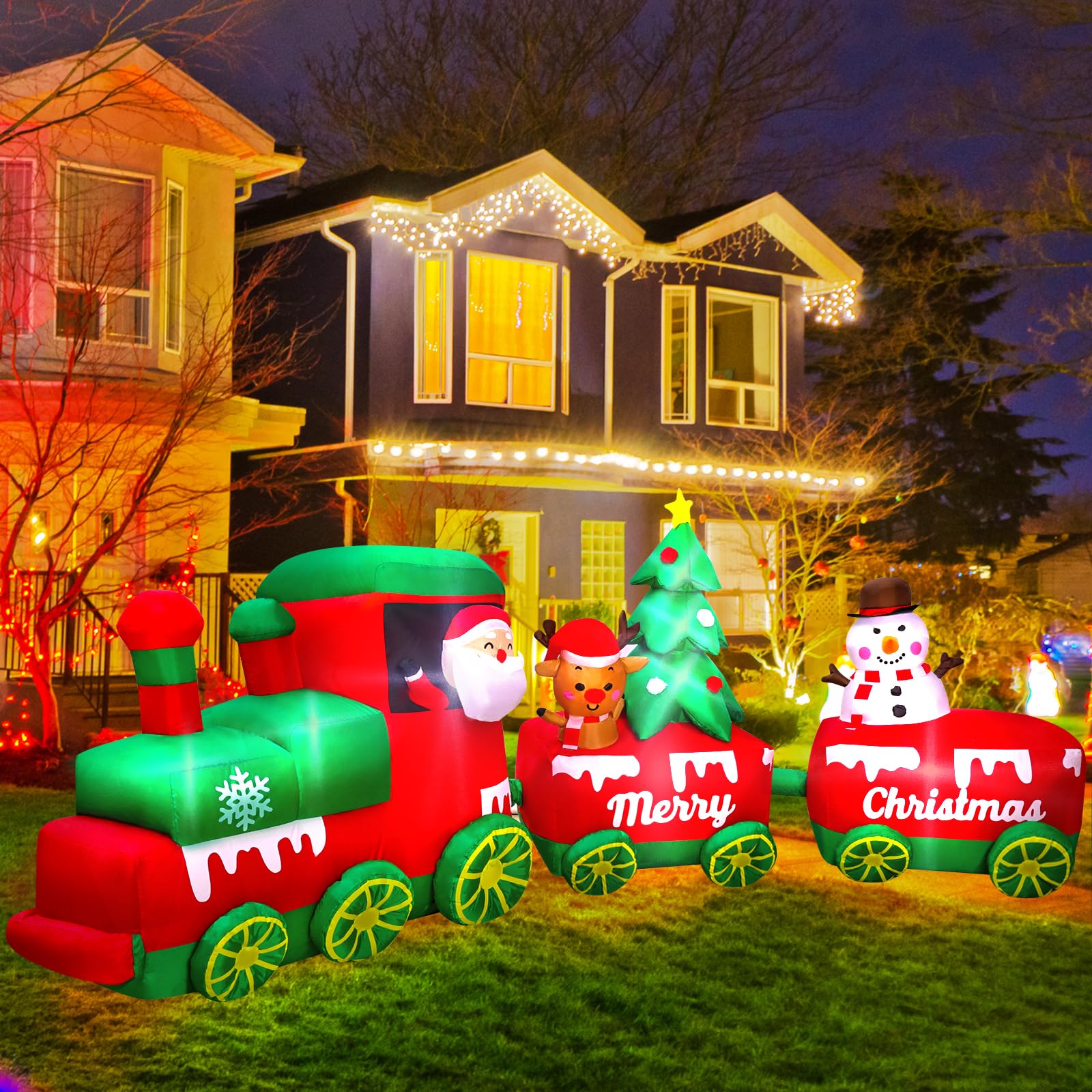 Train Gonflable de Noël de 3 m avec Père Noël, Renne, Bonhomme de Neige, trésor de Noël, lumières LED intégrées, décoration de Noël pour fête de Noël, Vacances, Jardin, pelouse, Cour