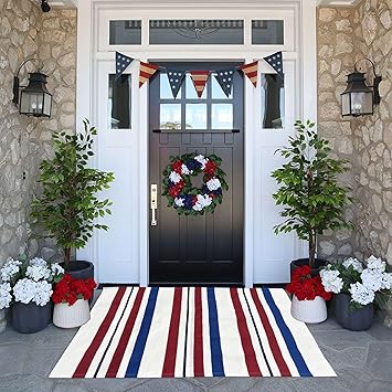 Blue/White/Red Striped Rug 4th of July Door Mat 27.5'' x 43'' Summer Front Porch Rug Independence Day Welcome Doormats for Farmhouse Entrance Porch Outdoors Decor (Blue/red/White, ...