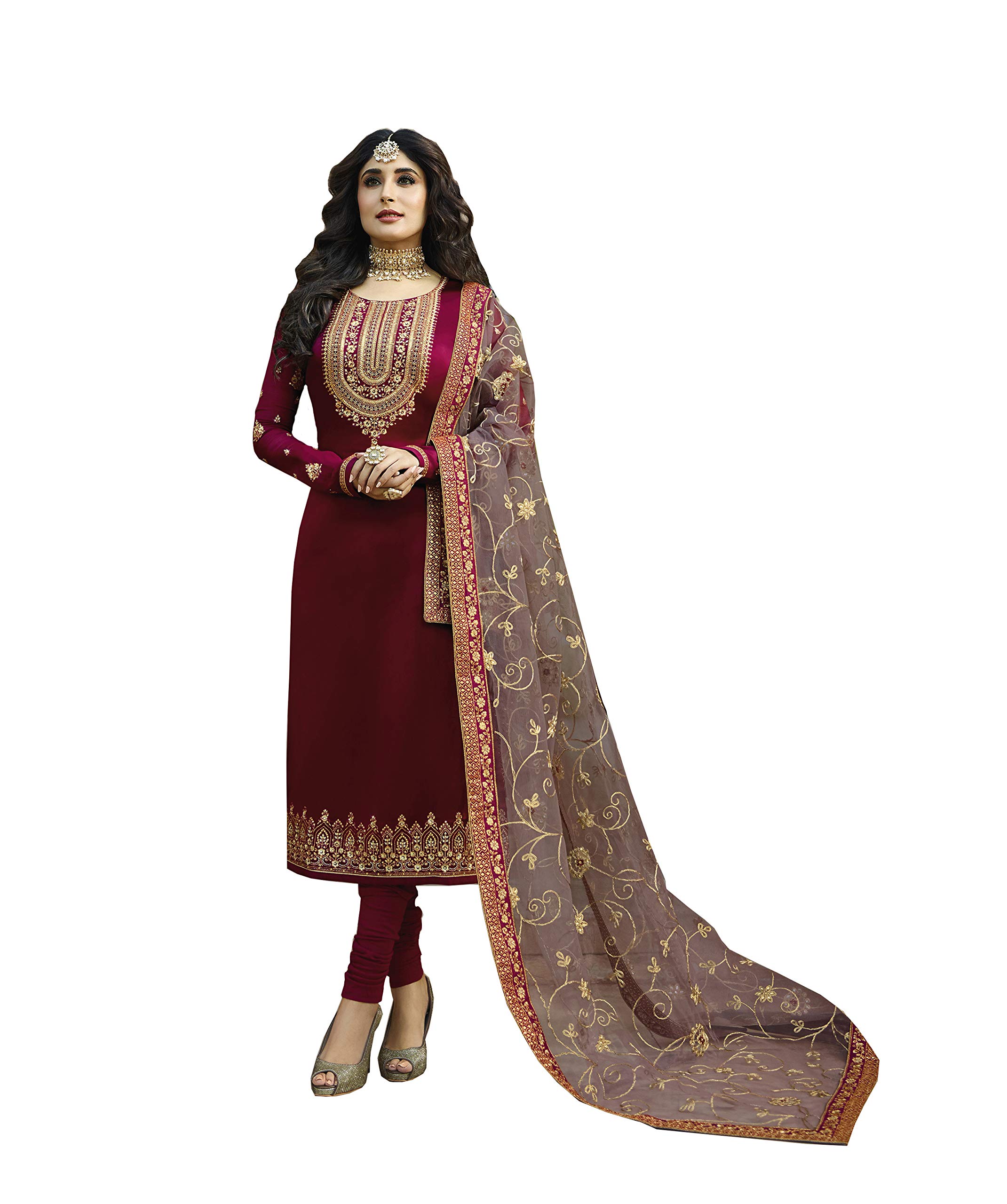 RUDRAPRAYAG Women's Satin Georgette Embroidered Semi Stitched Salwar suit set