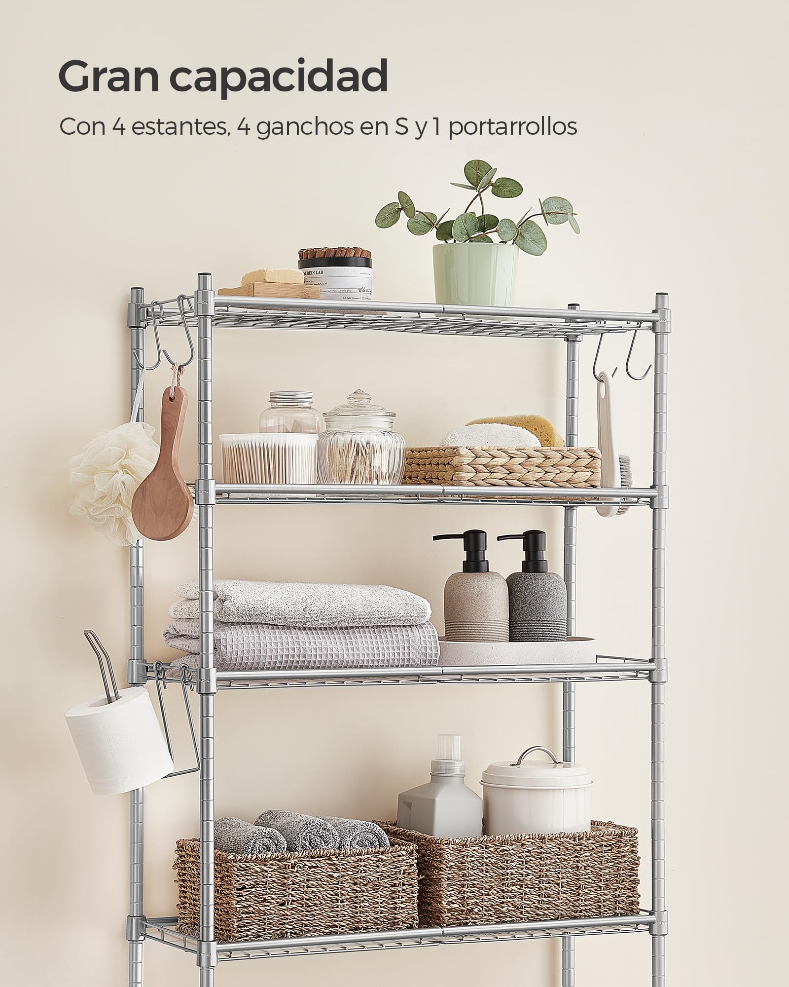 SONGMICS Estantería de Inodoro de 4 Estantes, de Metal | Estantes Ajustables, con 4 Ganchos y Portarrollos, para el Baño, 30 x 63 x 176 cm, Gris Paloma, Colección DALTEN BTS013G01
