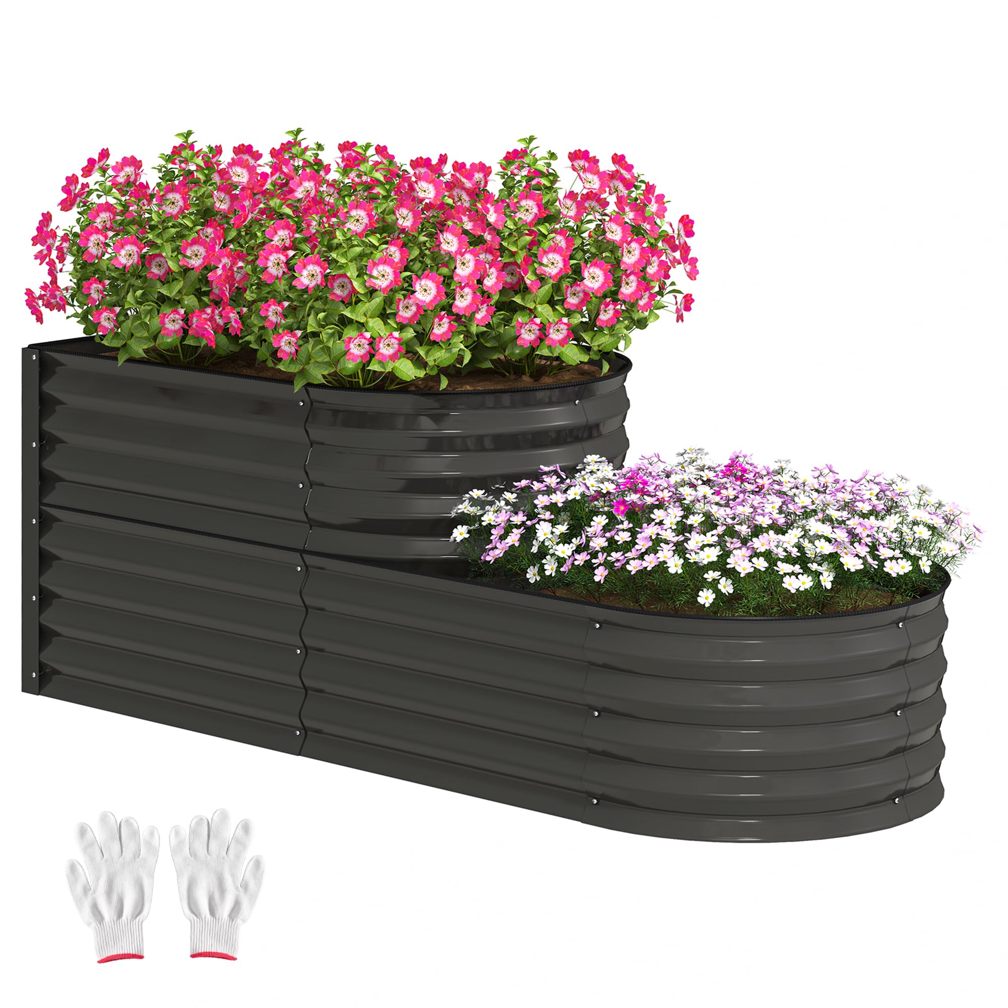 Outsunny 2-Tier Galvanised Raised Garden Bed With Safety Edging, Dark Grey