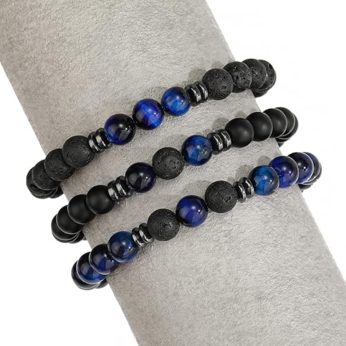 Miniatura 6 de MengPa Mens Beaded Bracelets Couples Matching Bracelet Set Lava Rock Beads for Women Stone Jewelry