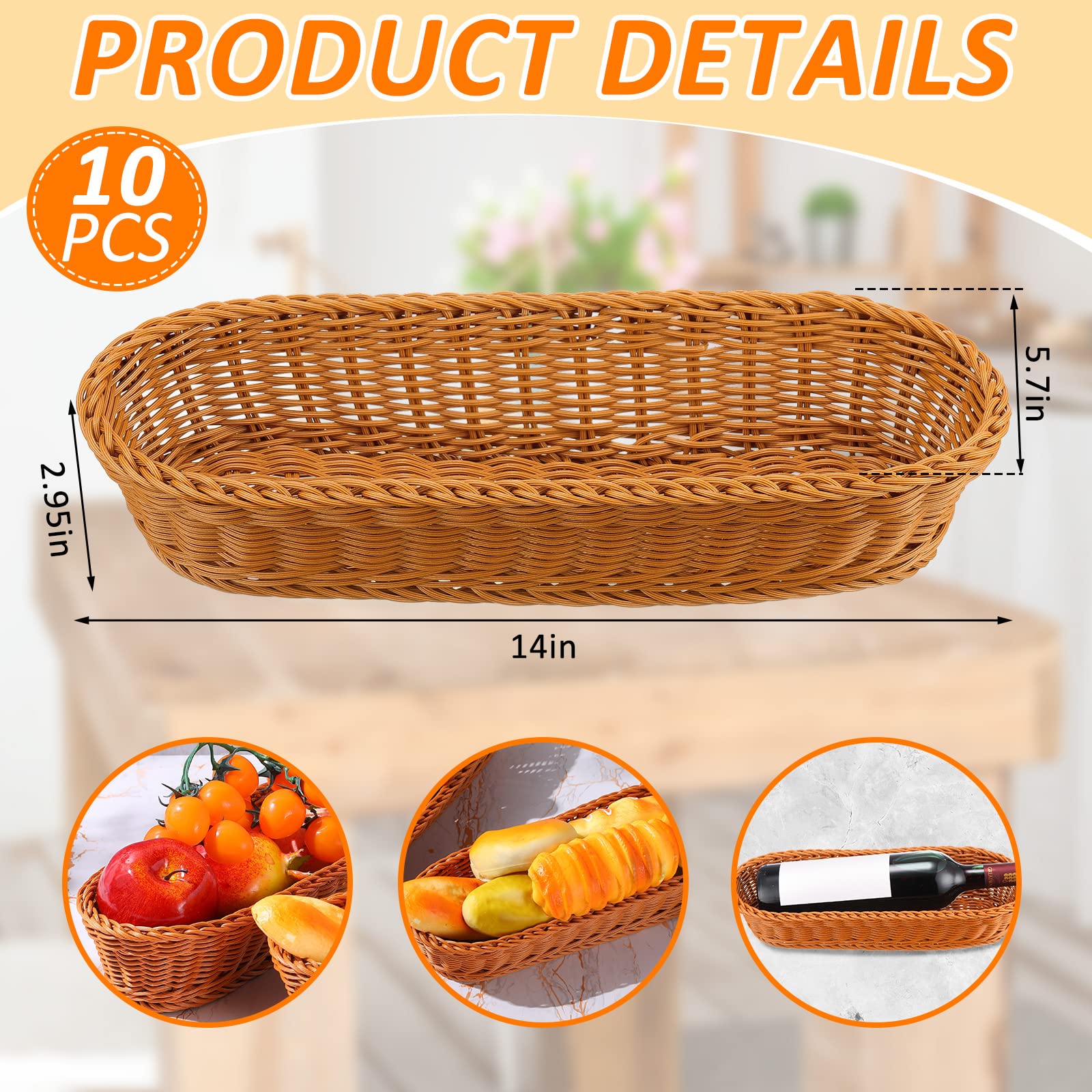 Lot de 10 paniers à pain ovales en plastique pour servir de longs 35,6 x 14,5 x 7,6 cm - Paniers tissés vides pour cadeaux, aliments, cuisine, rangement de fruits, restaurant, décoration de la maison
