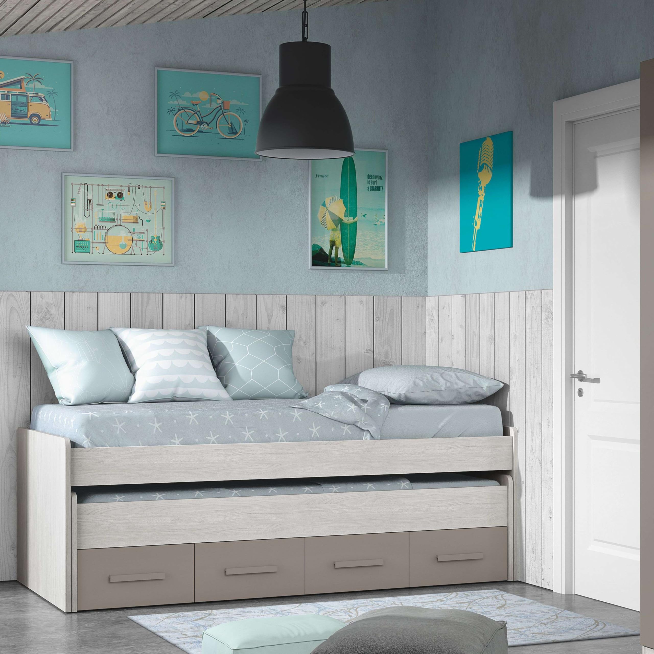 Habitdesign Cama Nido Juvenil, 2 Camas y 2 cajones, Modelo Ares, Acabado en Color Blanco Alpes y Basalto, Medidas: 198 cm (Ancho) x 69 cm (Alto) x 96 cm (Fondo)