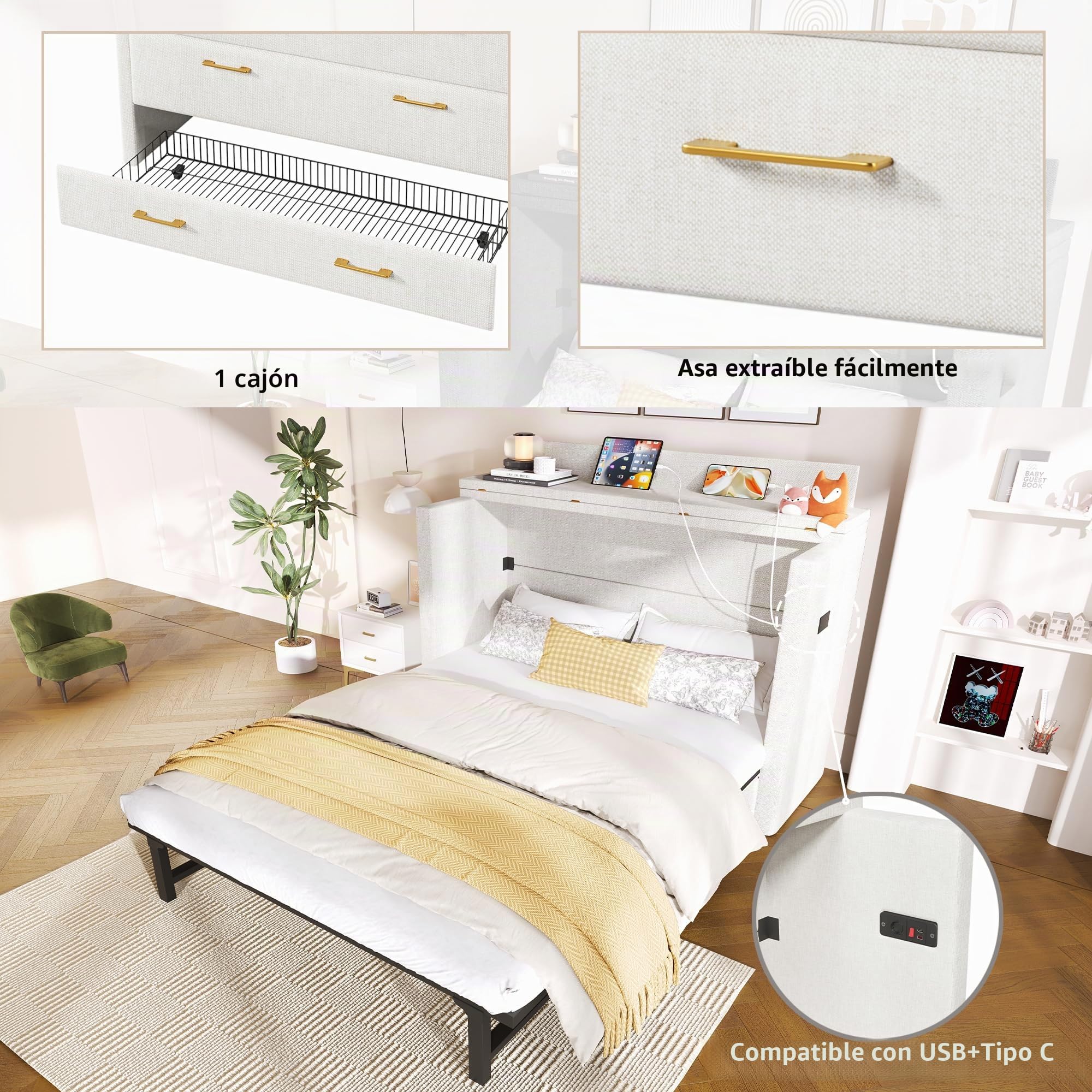 Kebnor Armario cama de 140 x 200 cm, con un cajón, cama móvil con compartimento de almacenamiento junto a la cama, con conexiones USB y tipo C, cama con plataforma convertible, sin colchón, lino