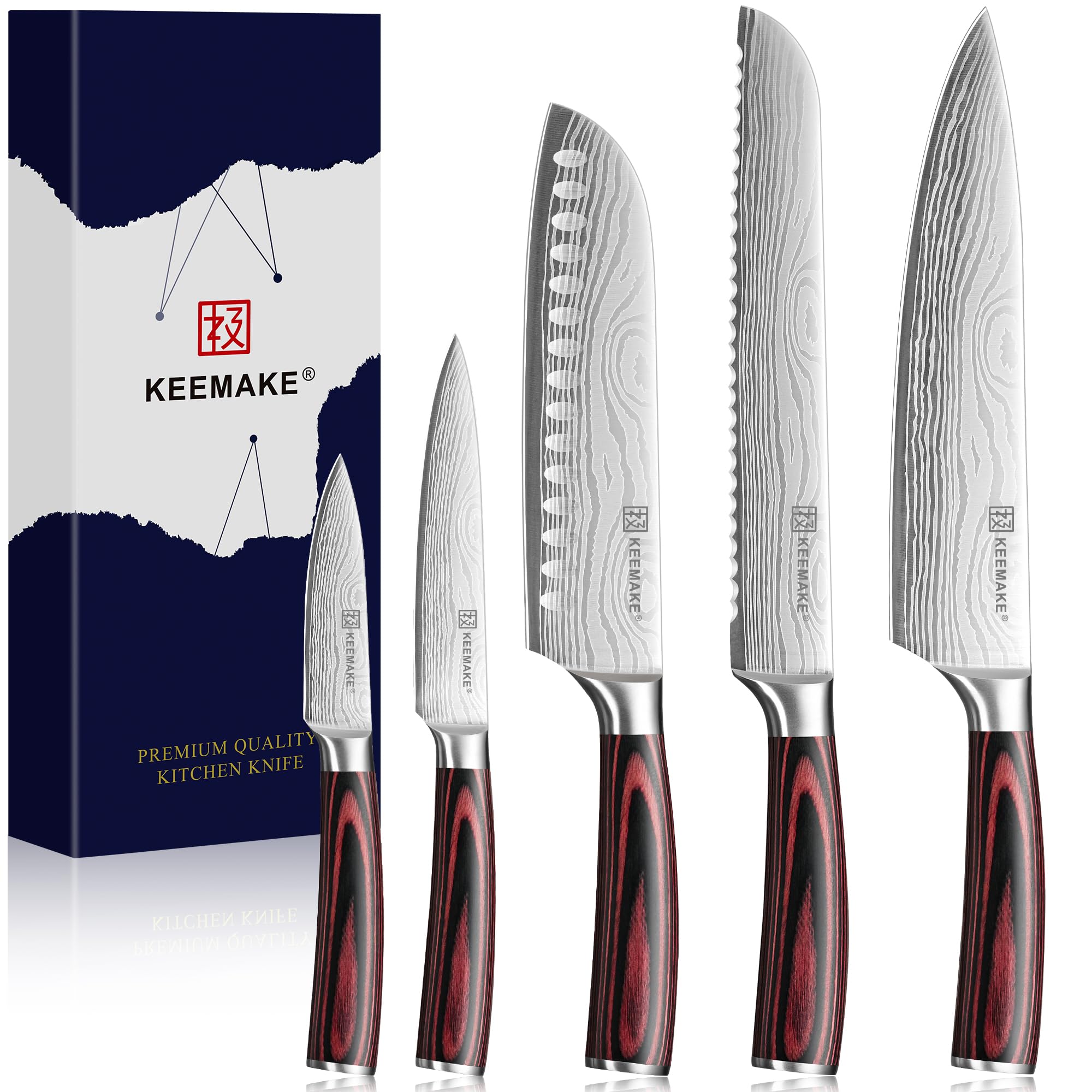KEEMAKE Messerset Küchenmesser 5 teilig, Messer Küchenmesser Klein Scharf Gemüsemesser Brötchenmesser Santoku Chefmesser, Messer Set aus Edelstahl mit Gravur