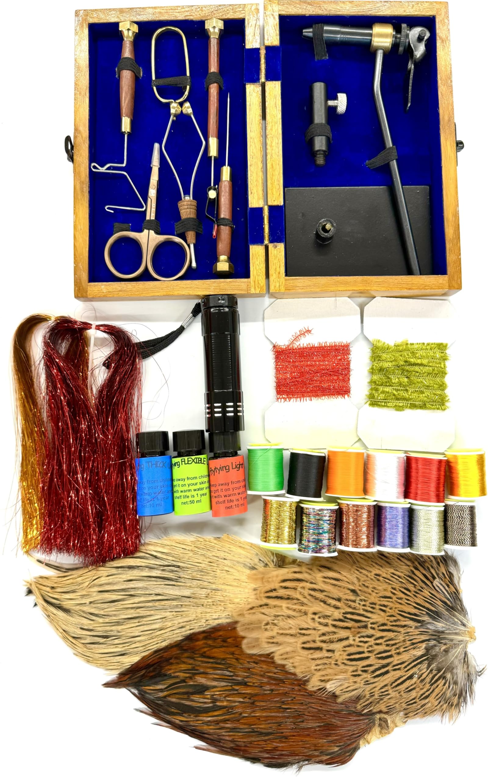 Fly Tying Kit in a wooden box,Vise,wooden Whip Finisher,feathers,uv resin,torch