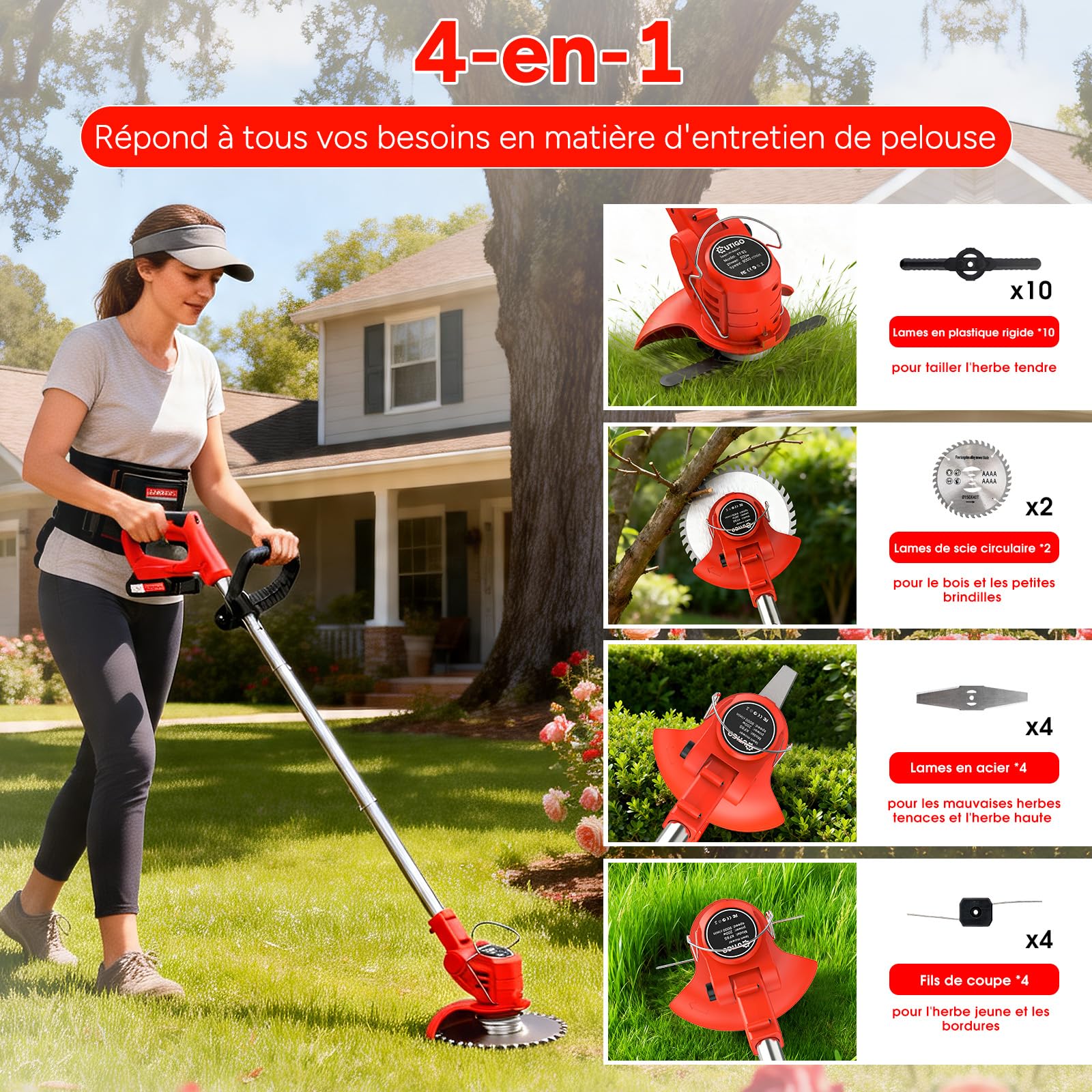 Débroussailleuse Électrique sans Fil sans Balais avec 2 Batteries et 4 Lames, Poignée Réglable, Portable pour Couper l'Herbe