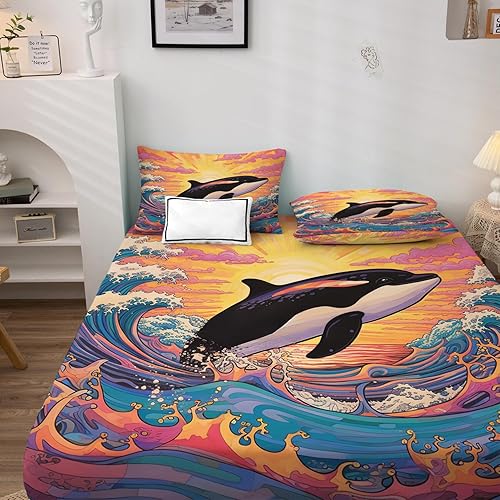 Miniatura 2 de Juego de sábanas de 4 piezas con diseño de animales del océano de olas y fundas de almohada, tamaño Queen, sábana bajera ajustable de microfibra