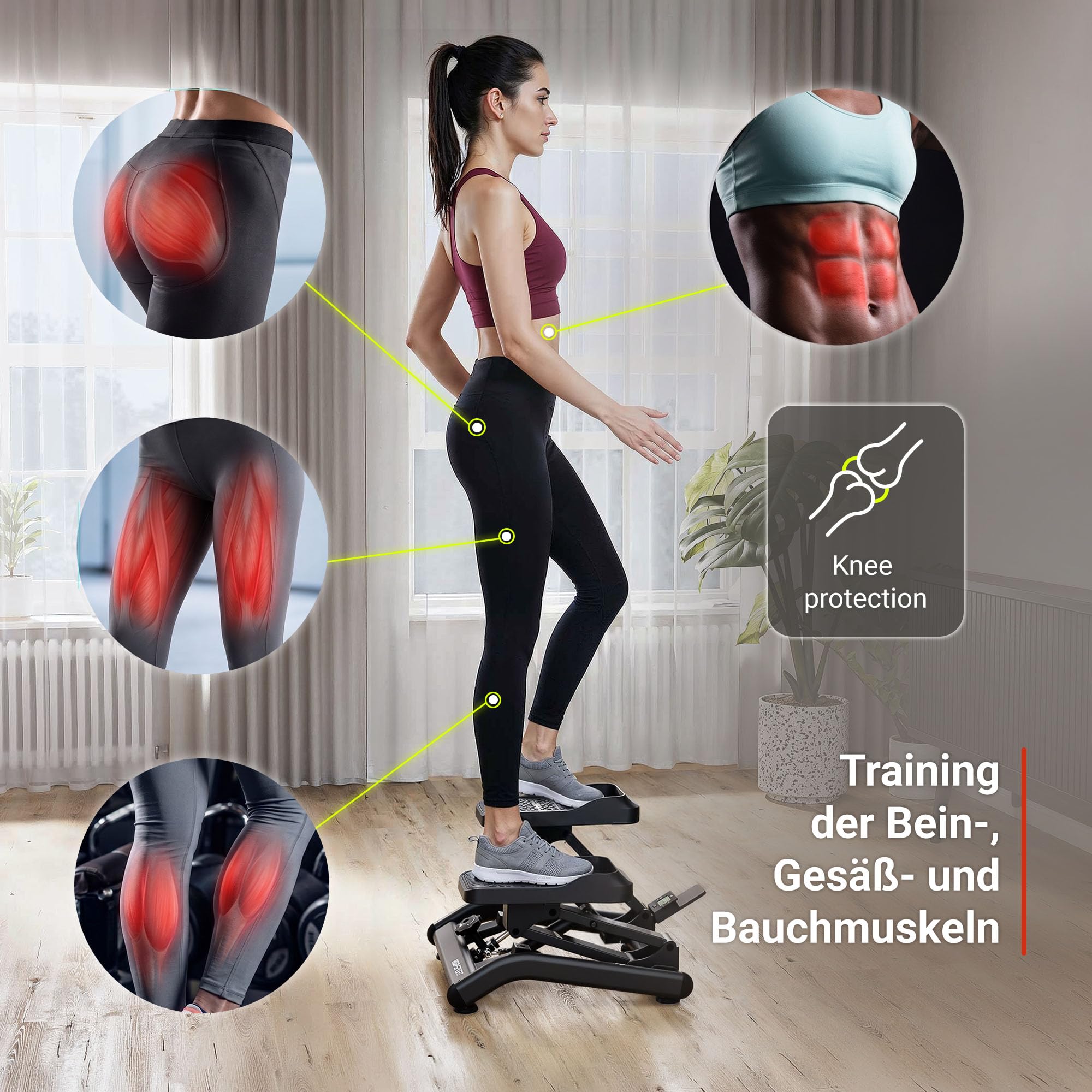 HOP Sport® Mini-Stepper für Zuhause 2 in 1 Up-Down Stepper HS-050B, Hometrainer für Zuhause mit LCD-Display, Fitnesstrainer leise rutschfest einstellbare Stufen, Trainingsgerät bis 110 KG