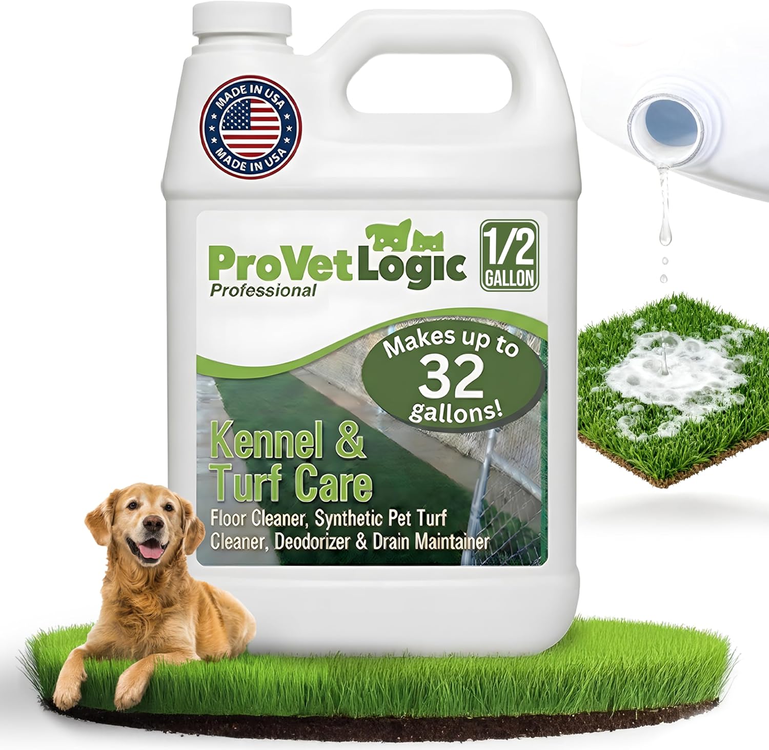 ProVetLogic Kennel & Turf Care- Floor Cleaner, Synthetic Pet Turf Cleaner, Deodorizer & Drain Maintainer (Concentrated)- 1/2 Gallon
