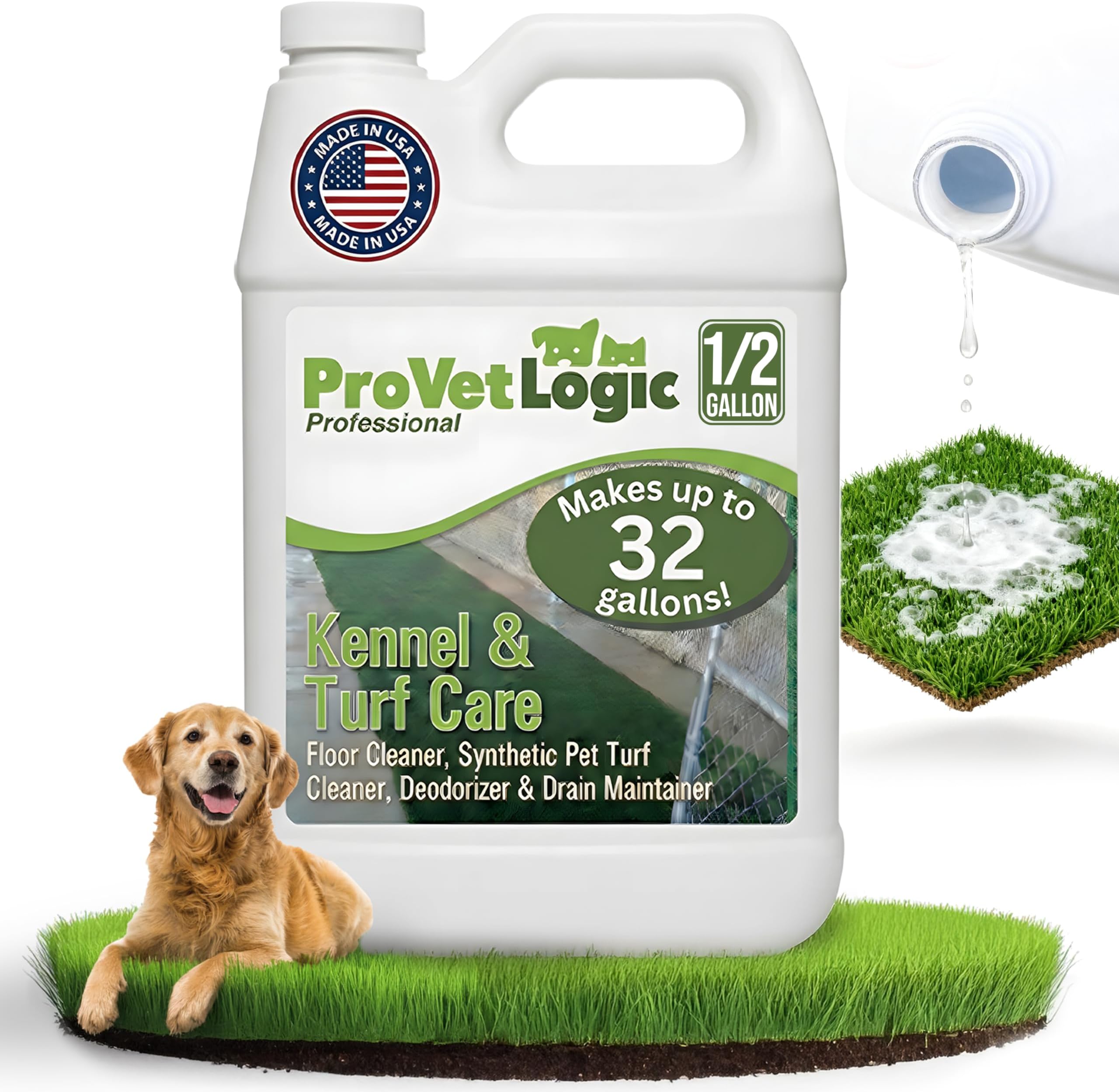 ProVetLogic Kennel & Turf Care- Floor Cleaner, Synthetic Pet Turf Cleaner, Deodorizer & Drain Maintainer (Concentrated)- 1/2 Gallon