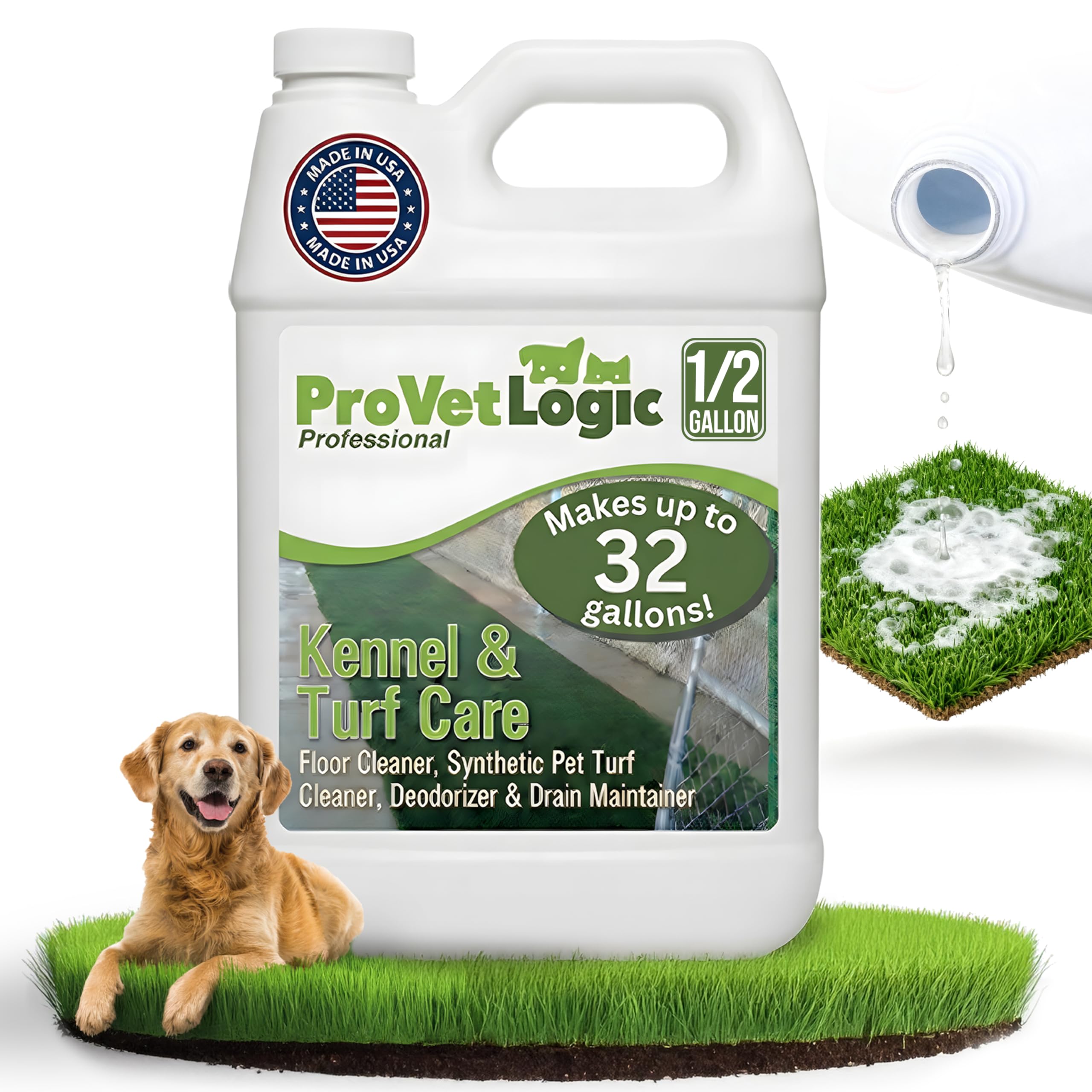 ProVetLogic Kennel & Turf Care- Floor Cleaner, Synthetic Pet Turf Cleaner, Deodorizer & Drain Maintainer (Concentrated)- 1/2 Gallon