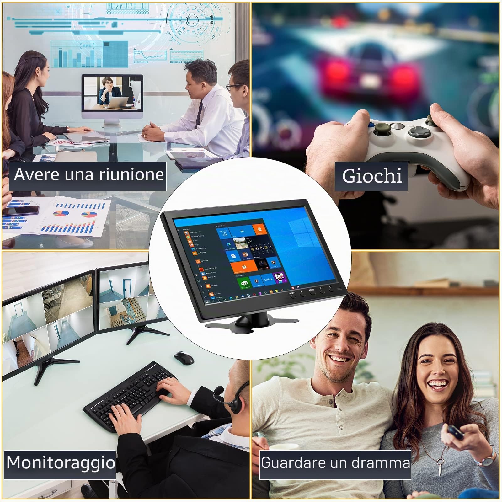 CAMECHO 10,1" Monitor portatile HD 1024 * 600 Display Monitor CCTV Altoparlante integrato con connettore HDMI-VGA-AV-BNC Compatibile con PC, DVD, TV, telecamera di sorveglianza Telecamera posteriore