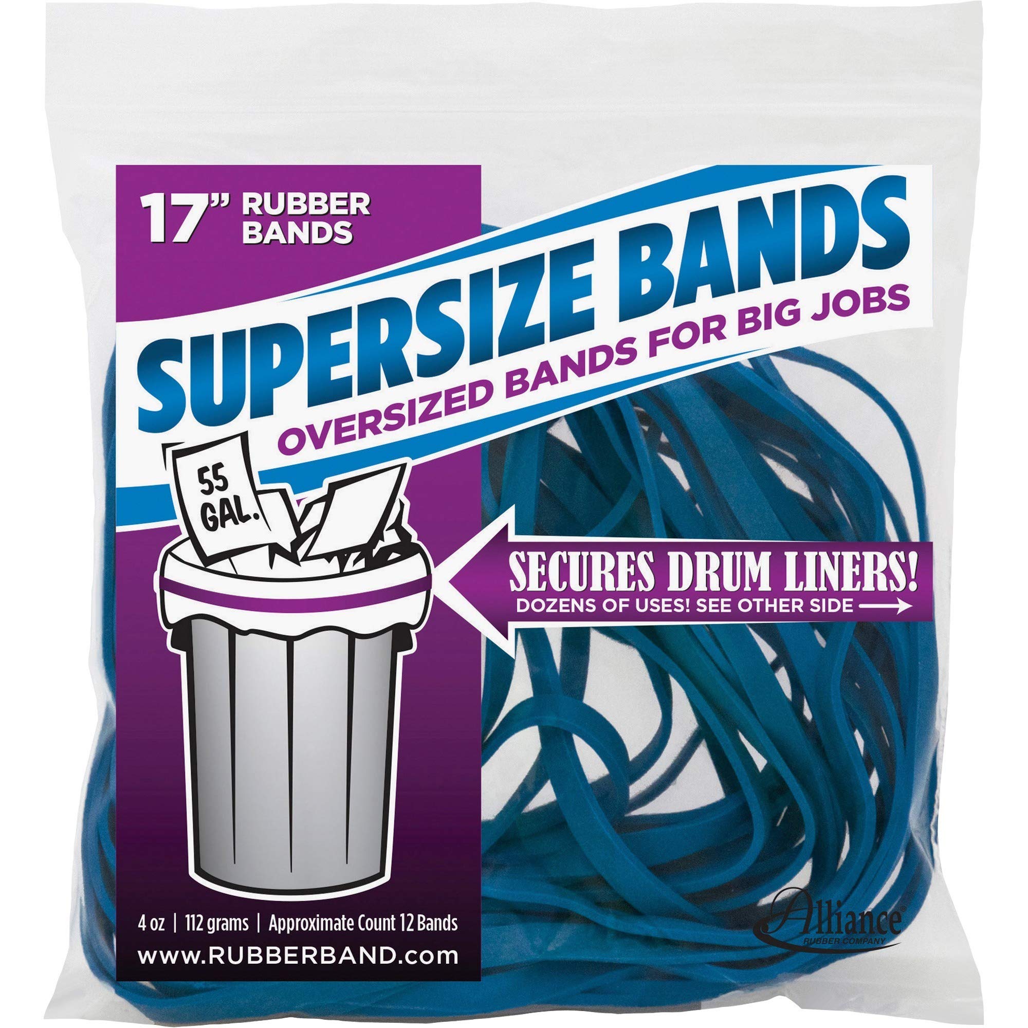 Alliance Rubber 08995 SuperSize Bands, 17" Blue Large Heavy Duty Latex Rubber Bands (4 ounce resealable bag contains approx. 12 bands)