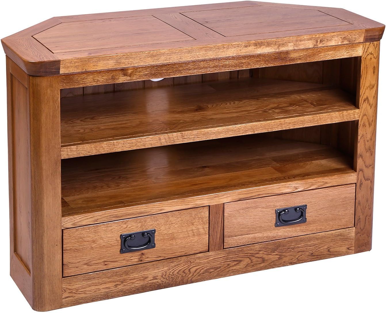 Hallowood Furniture London Solid Oak 2 Drawer Corner TV Stand Unit in Medium Oak Finish | Wooden Media Cabinet