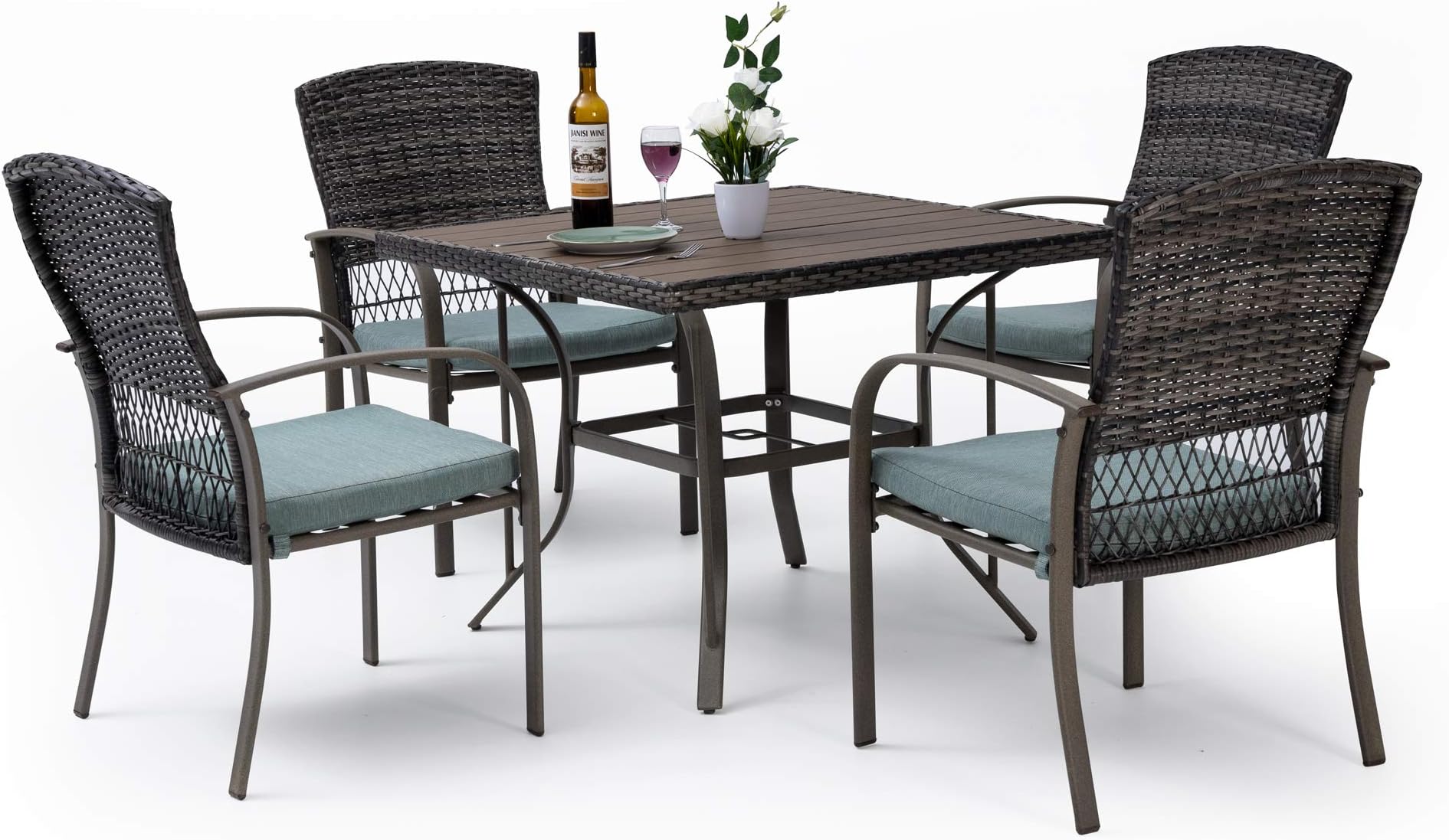 Pamapic 5 Piece Patio Dining Set, Green, Weather Resistant PE Rattan Table and Chairs, Comfortable Cushions, Easy Maintenance