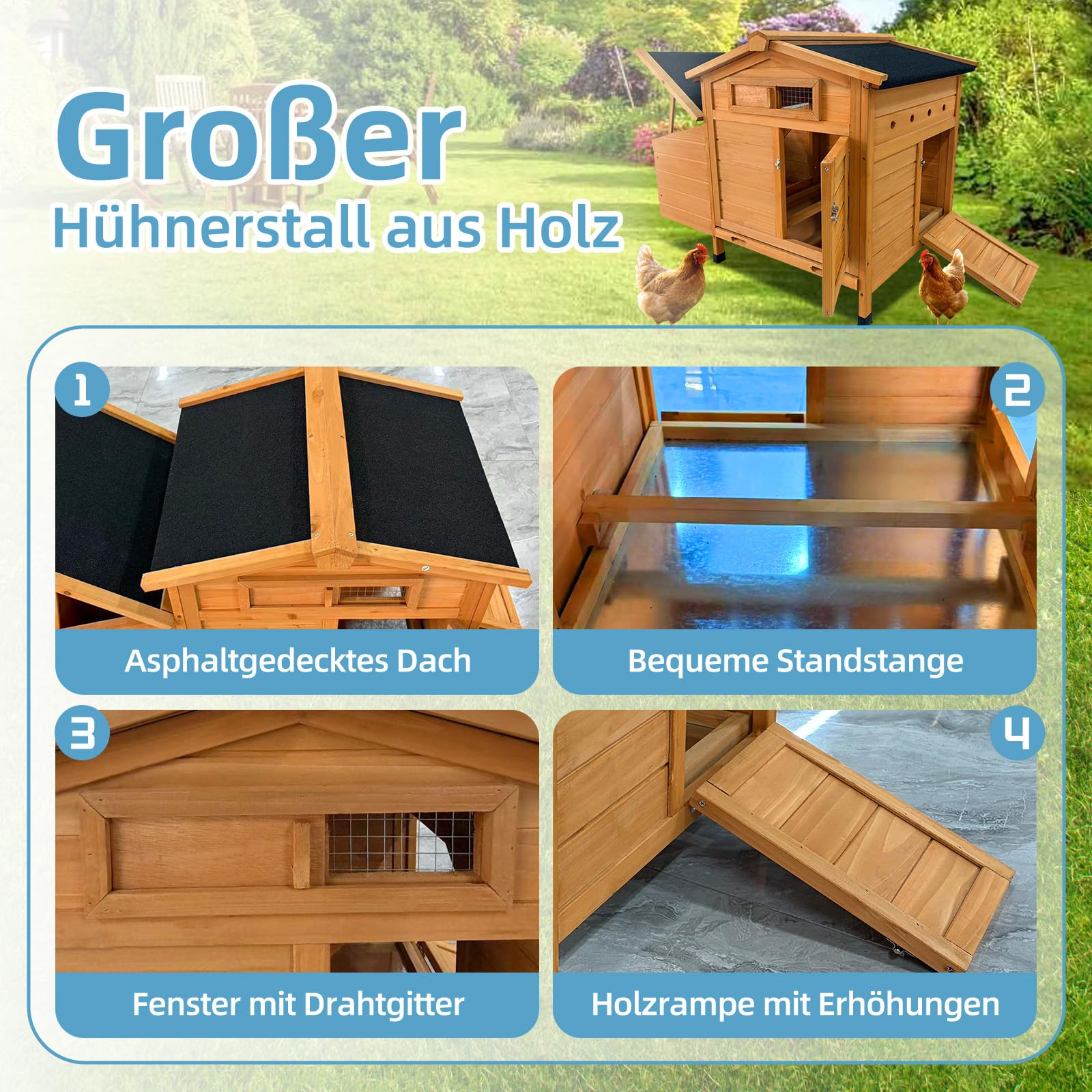 Hühnerstall Winterfest auf Stelzen mit Legenest für bis zu 7 Hühner