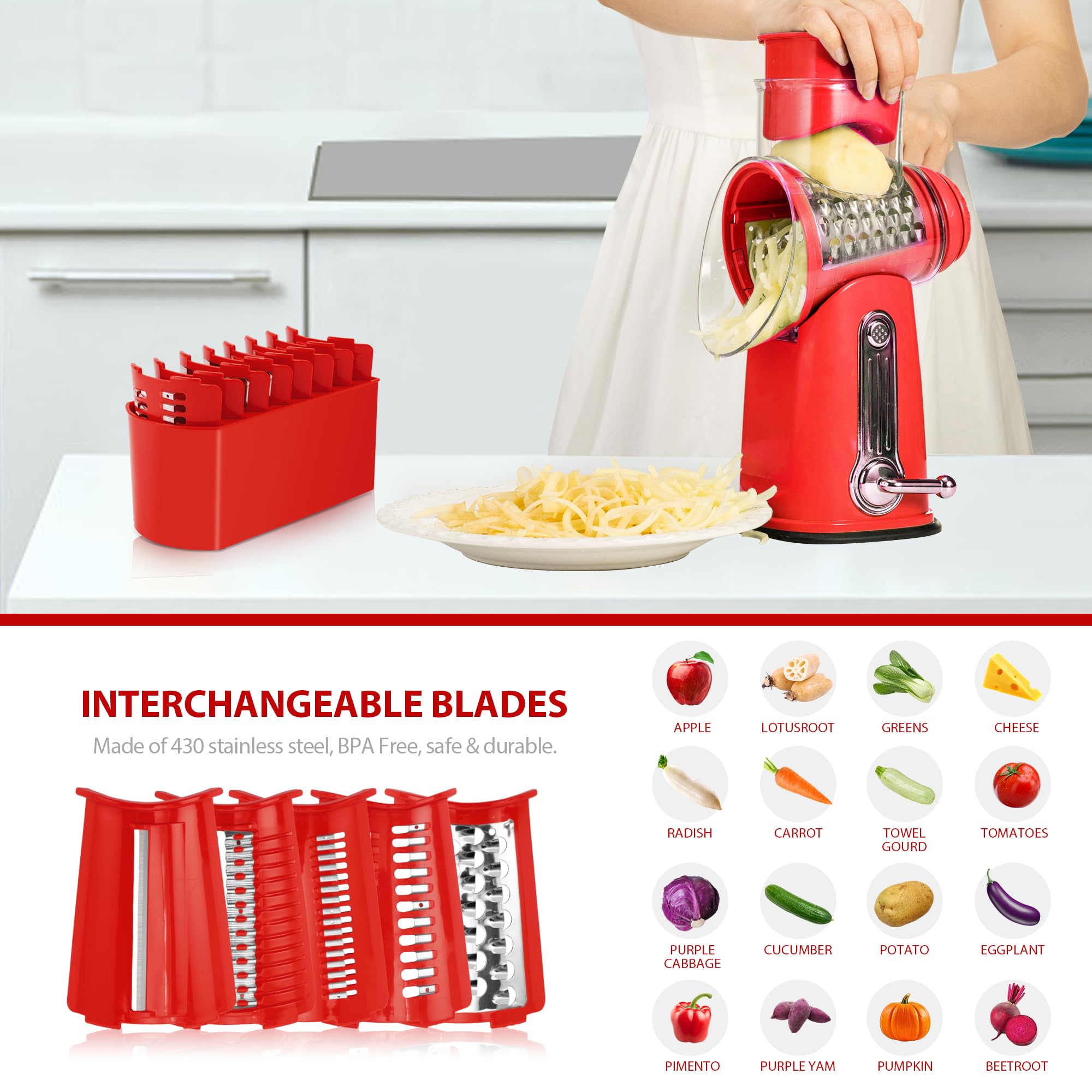 SALCooK Rotary Cheese Grater & Vegetable Slicer - 5 Blades, Suction Base, Storage Box (Green) - View #10